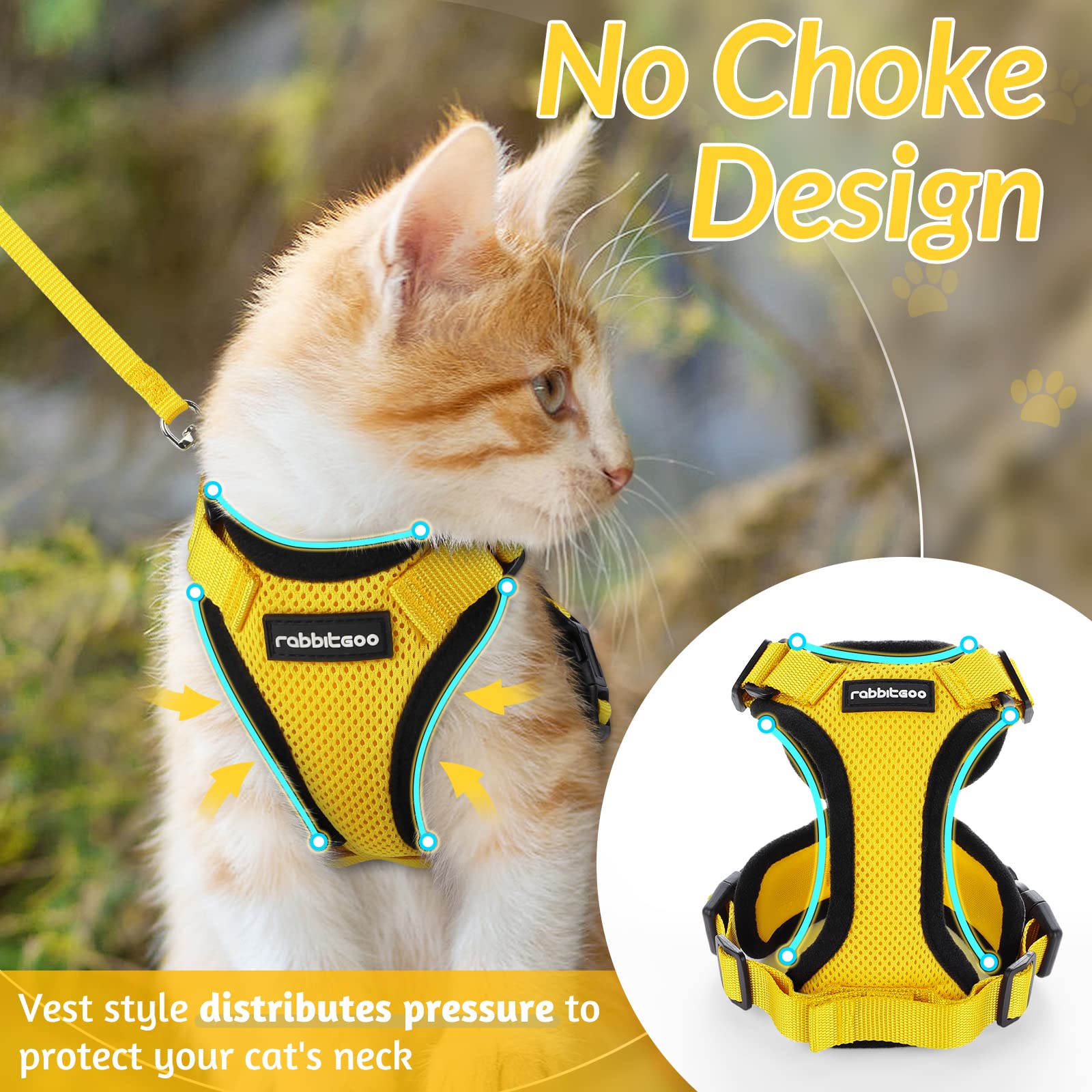 Rabbitgoo Cat Harness And Leash For Walking, Escape Proof Soft Adjustable Vest Harnesses For Cats, Easy Control Breathable Reflective Strips Jacket, Yellow, S