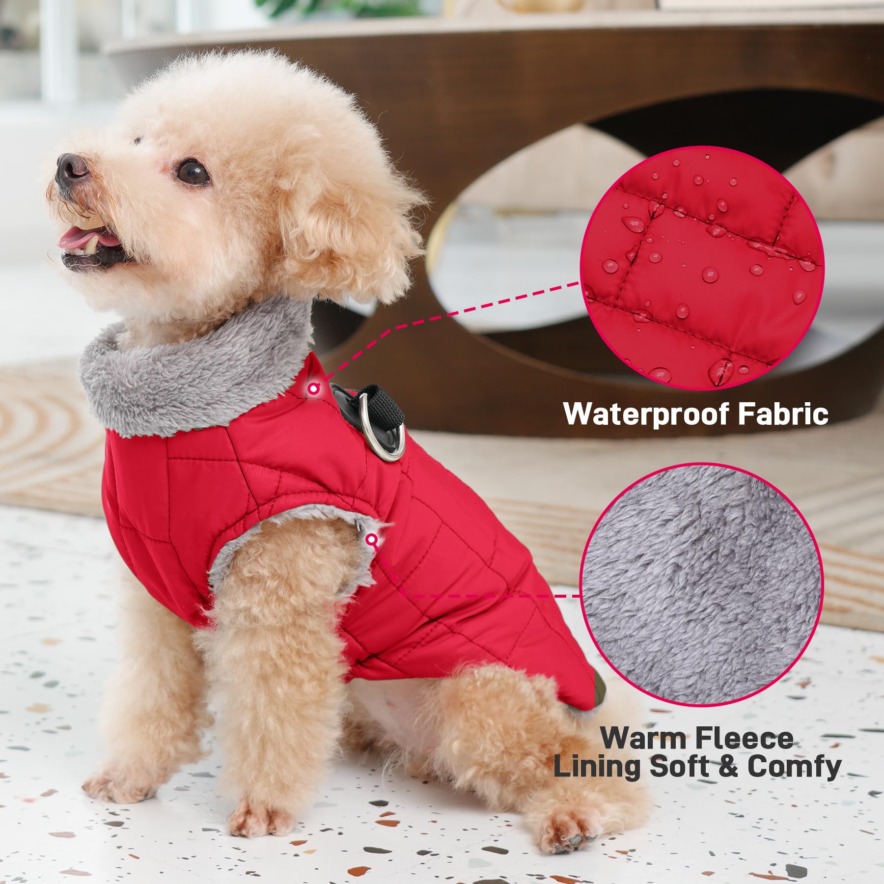 JoyDaog Warm Fleece Dog Coat with Built-in Harness, Waterproof, X-Small, Red, Ideal for Small Dogs in Cold Winter