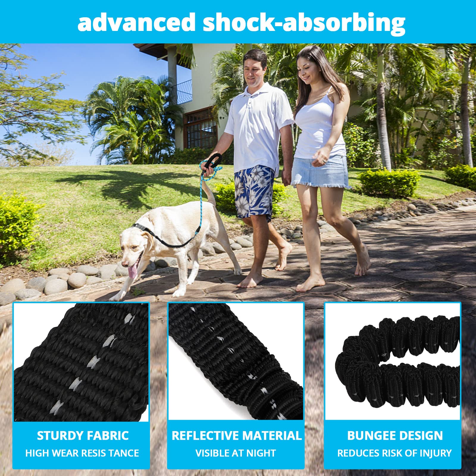 Rope Dog Leash 5 Ft: Heavy Duty Leashes With Swivel Lockable Hook Reflective Threads Bungee And Padded Handle - Dog Lead For Large Small Medium Dogs Outside Walking Hiking Blue