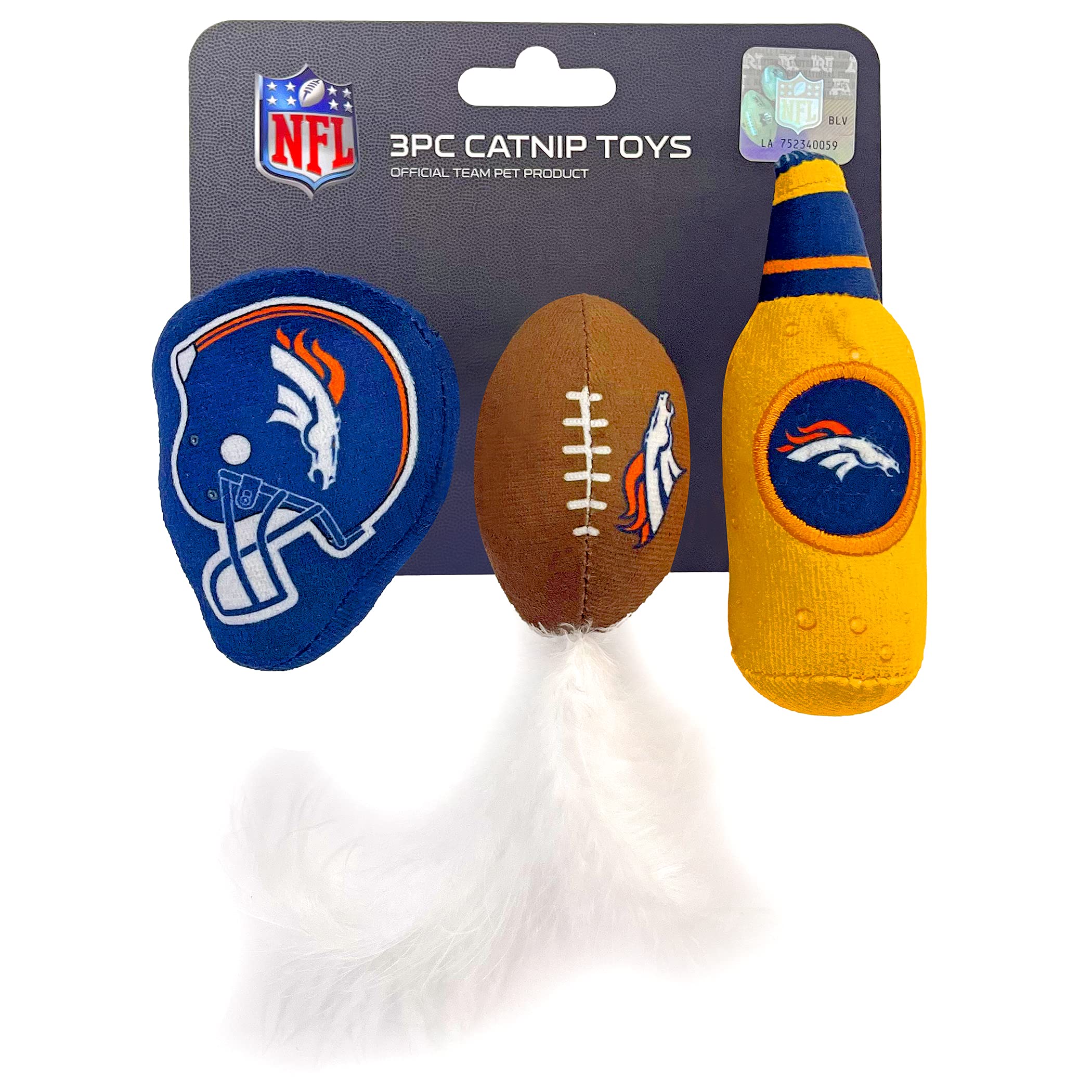BEST PLUSH CAT TOY - NFL DENVER BRONCOS Complete Set of 3 piece Cat Toys filled with Fresh Catnip. Includes: 1 Helmet Cat Toy, 1