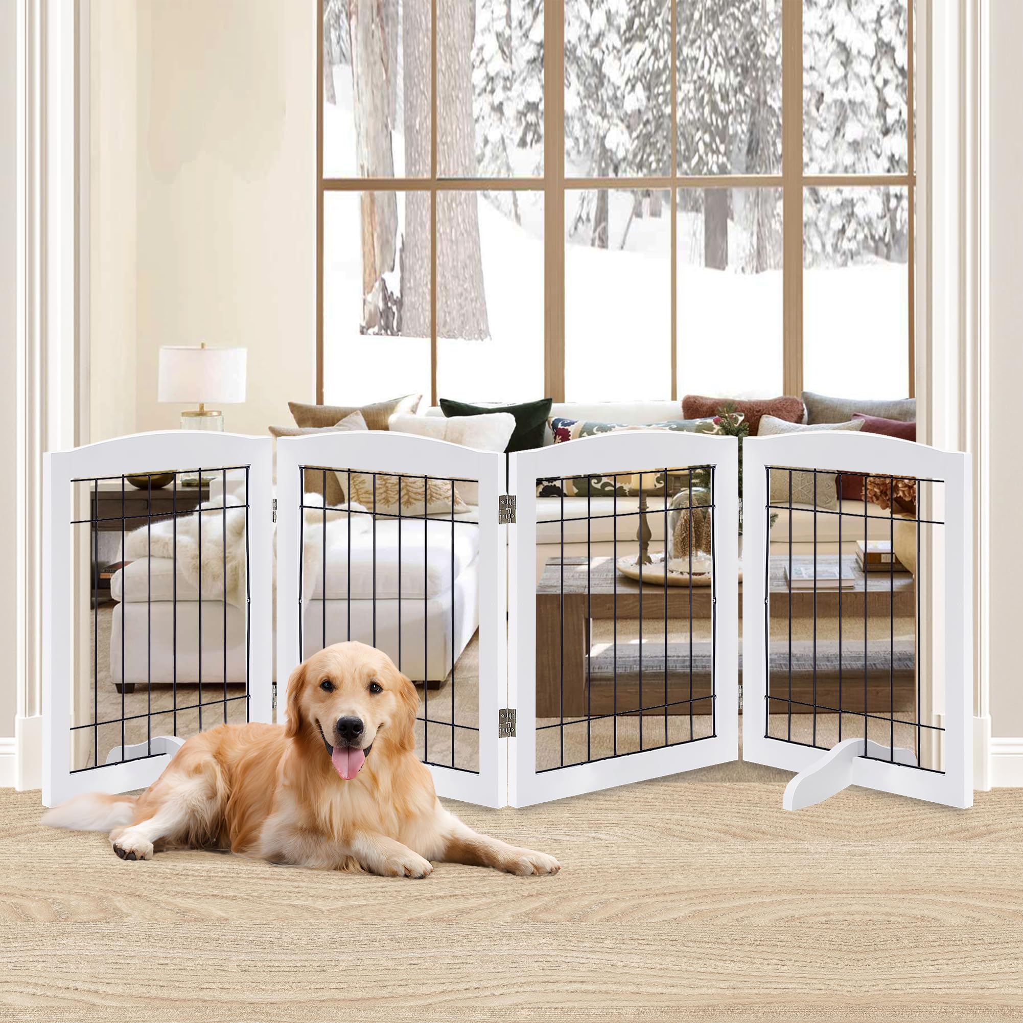 LZRS 4-Panel Freestanding Wooden Dog Gate-Extra Wide 30    Tall Foldable Pet Barrier with Support Feet, Solid Hardwood & Steel W