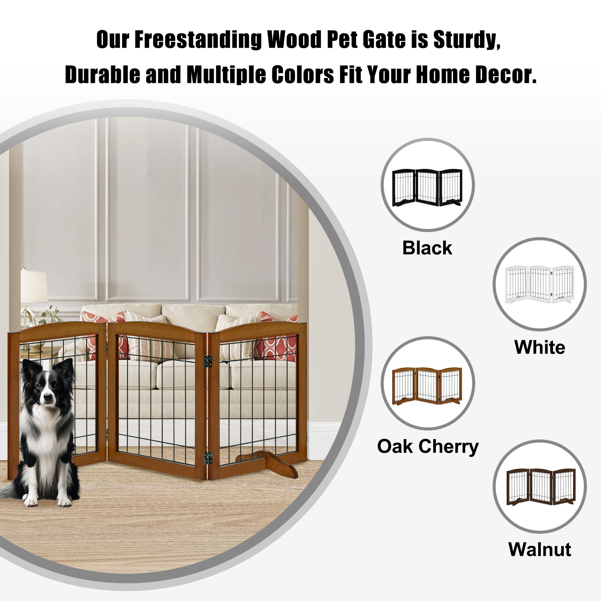 LZRS 3-Panel Freestanding Adjustable Wooden Dog Gate-30  Tall Foldable Pet Barrier with Support Feet, Chew-Resistant Solid Hardw