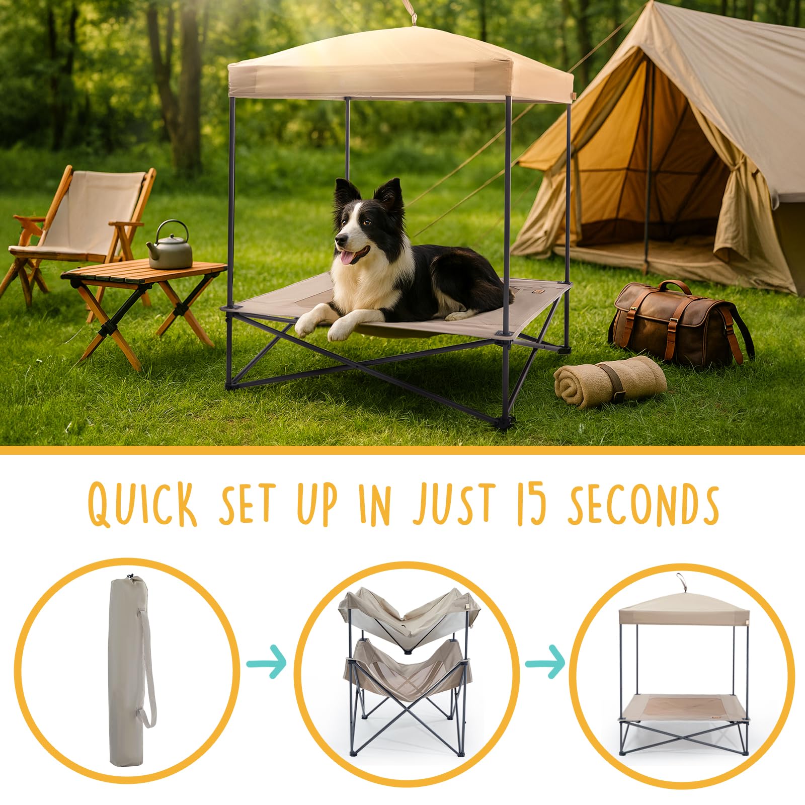 CANINE CANYON Piper Pop-Up Canopy Cot - Large Foldable Elevated Dog Bed with Waterproof Shade, Cooling Mesh, Heavy Duty up to 11
