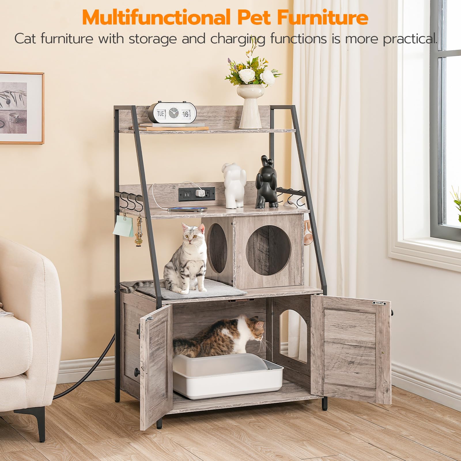 Hoobro Litter Box Enclosure With 2 Storage Shelves, Tall Litter Box Furniture Hidden With Charging Station, Indoor Cat Furniture