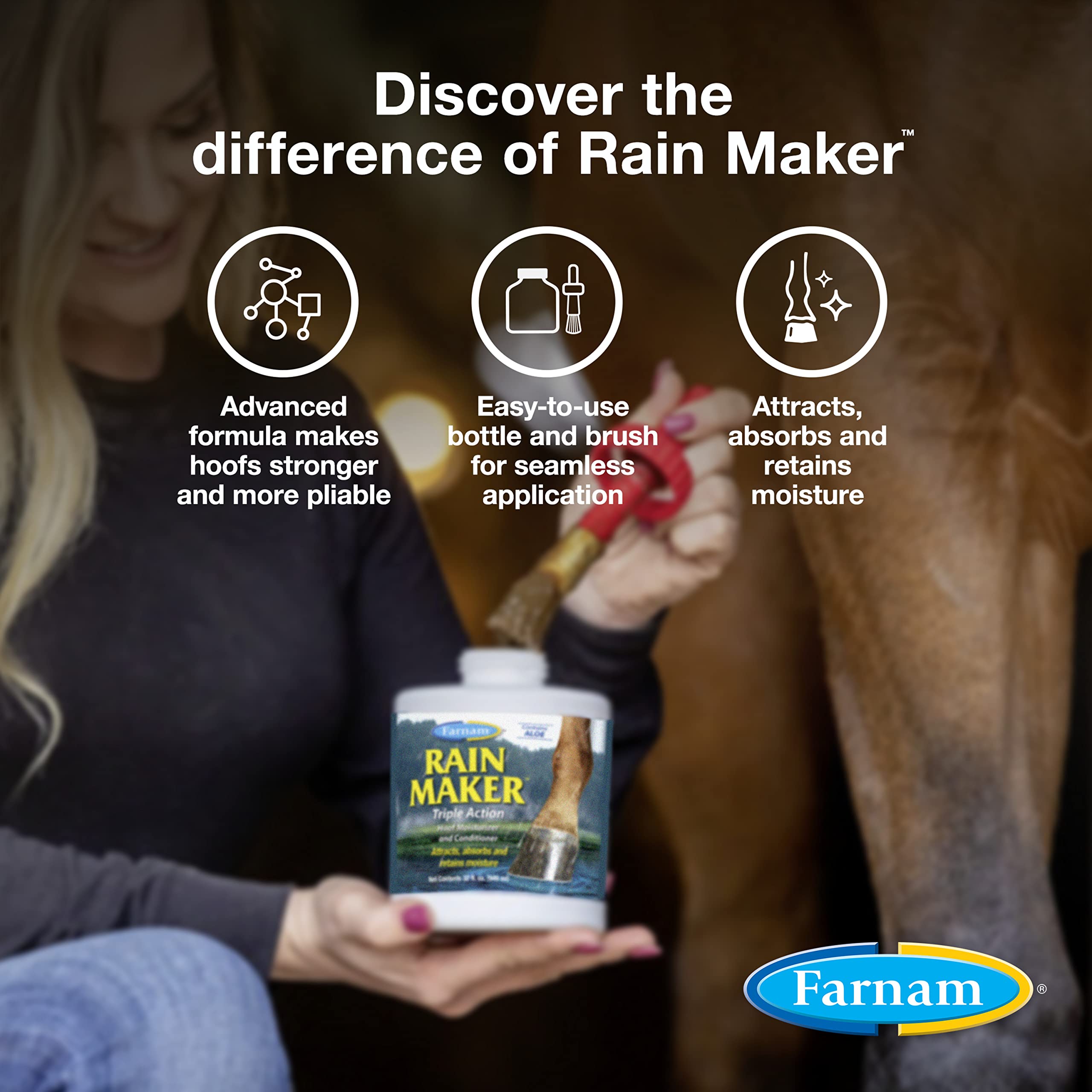 Farnam Rain Maker Triple Action Hoof Oil for Horses Moisturizer and Conditioner, Attracts, Absorbs and Retains Moisture, Contain