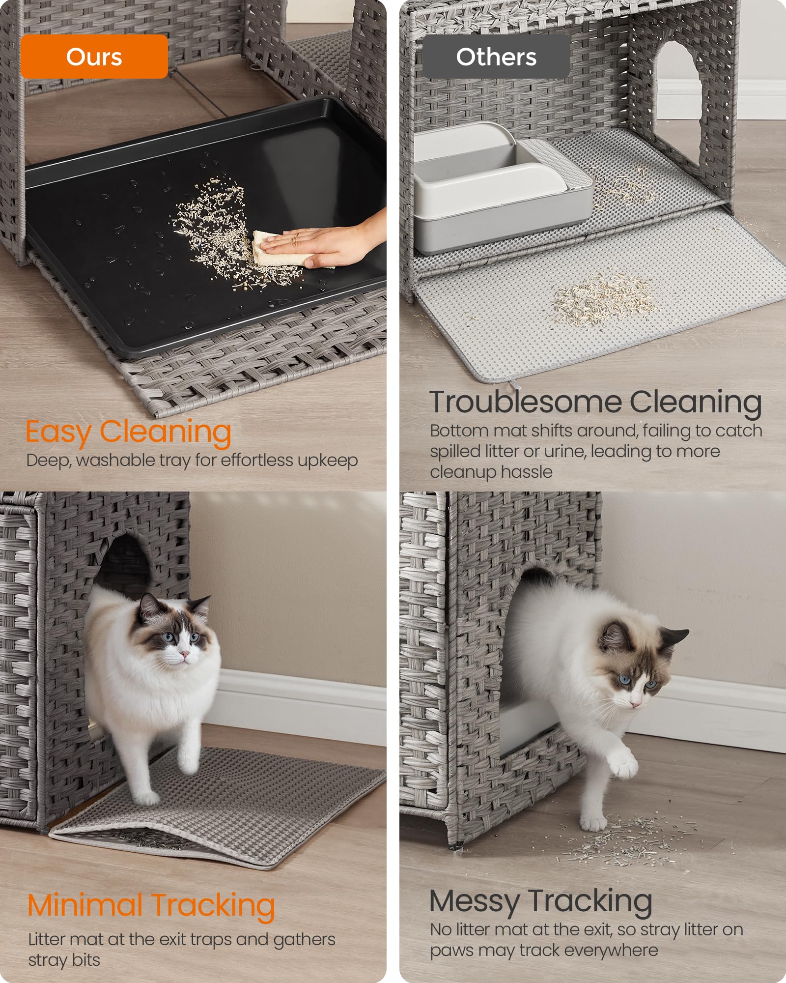 Feandrea Cat Litter Box Enclosure, Handwoven Rattan, Dove Gray, 27.5" L x 20.5" W x 22" H, Removable Tray,