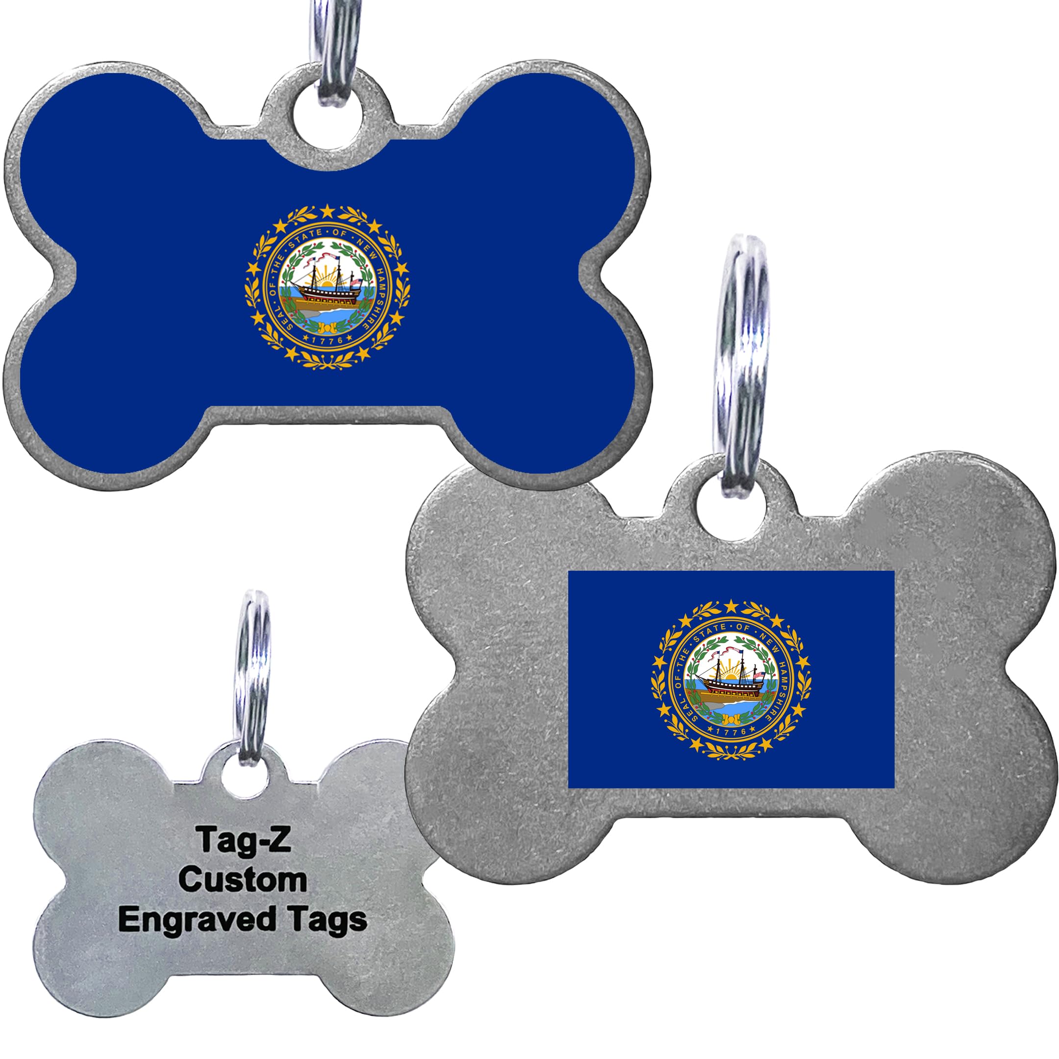 New Hampshire Flag Pet Id Tags, Custom Printed And Laser Engraved Bone