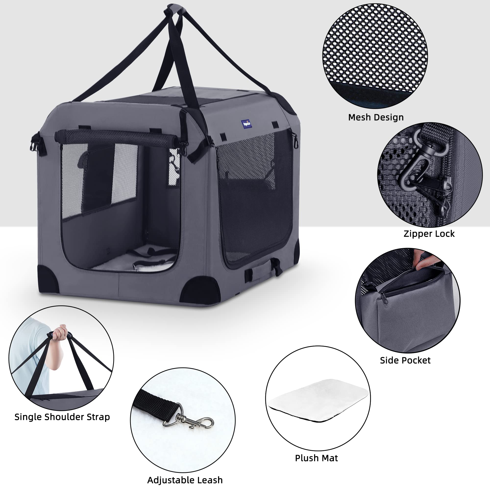 Petprsco 40 Inch Collapsible Dog Crate, Portable Dog Crates For Large Dogs, Xl Dog Crate For Travel, 3 Door Soft Dog Kennel With