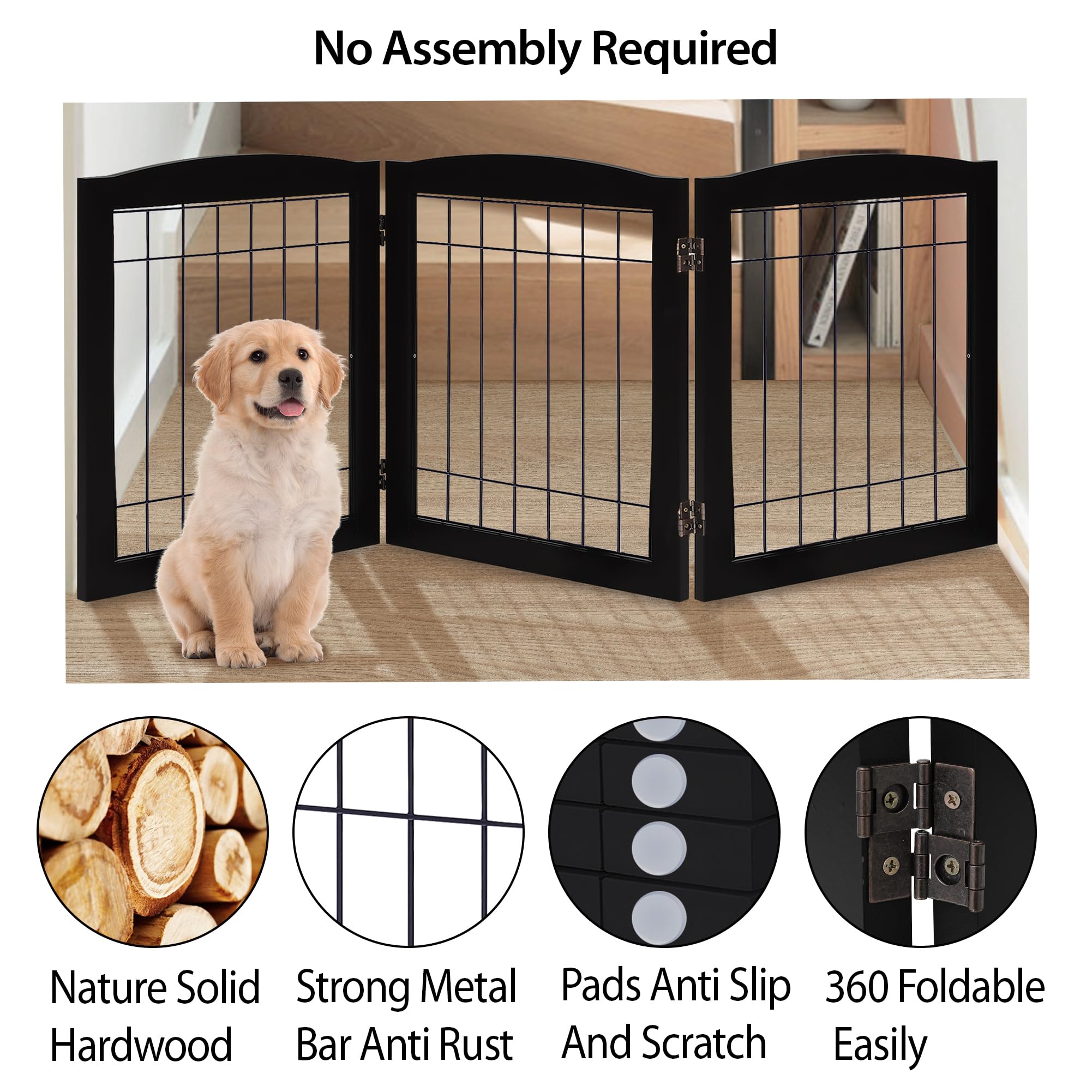 Lzrs 3-Panel Freestanding Foldable Wooden Dog Gate -Solid Wood & Steel Wire Chew-Resistant Indoor Safety Pet Fence For Doorways