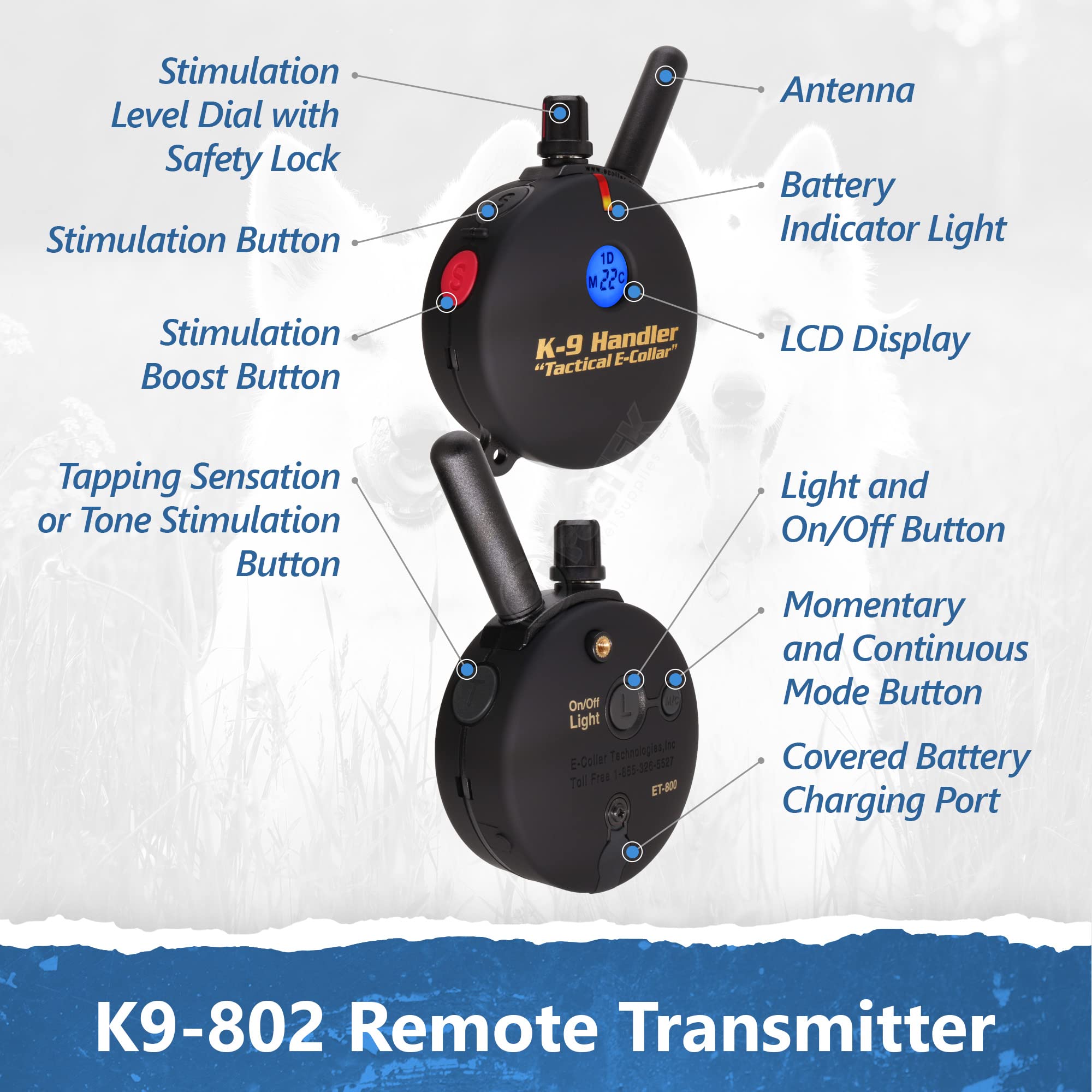 Educator K9-802 Two Dogs K9 Handler Professional E-Collar Training Collar With Remote - Up To 1 Mile Range, Waterproof, Recharge