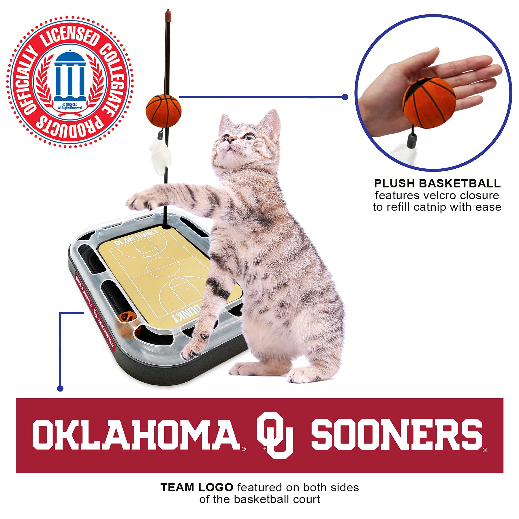 Cat Scratch Toy Ncaa Oklahoma Sooners Reversible Basketball Court Felt/Cardboard Cat Scratcher Toy With Interactive Cat Ball Bel