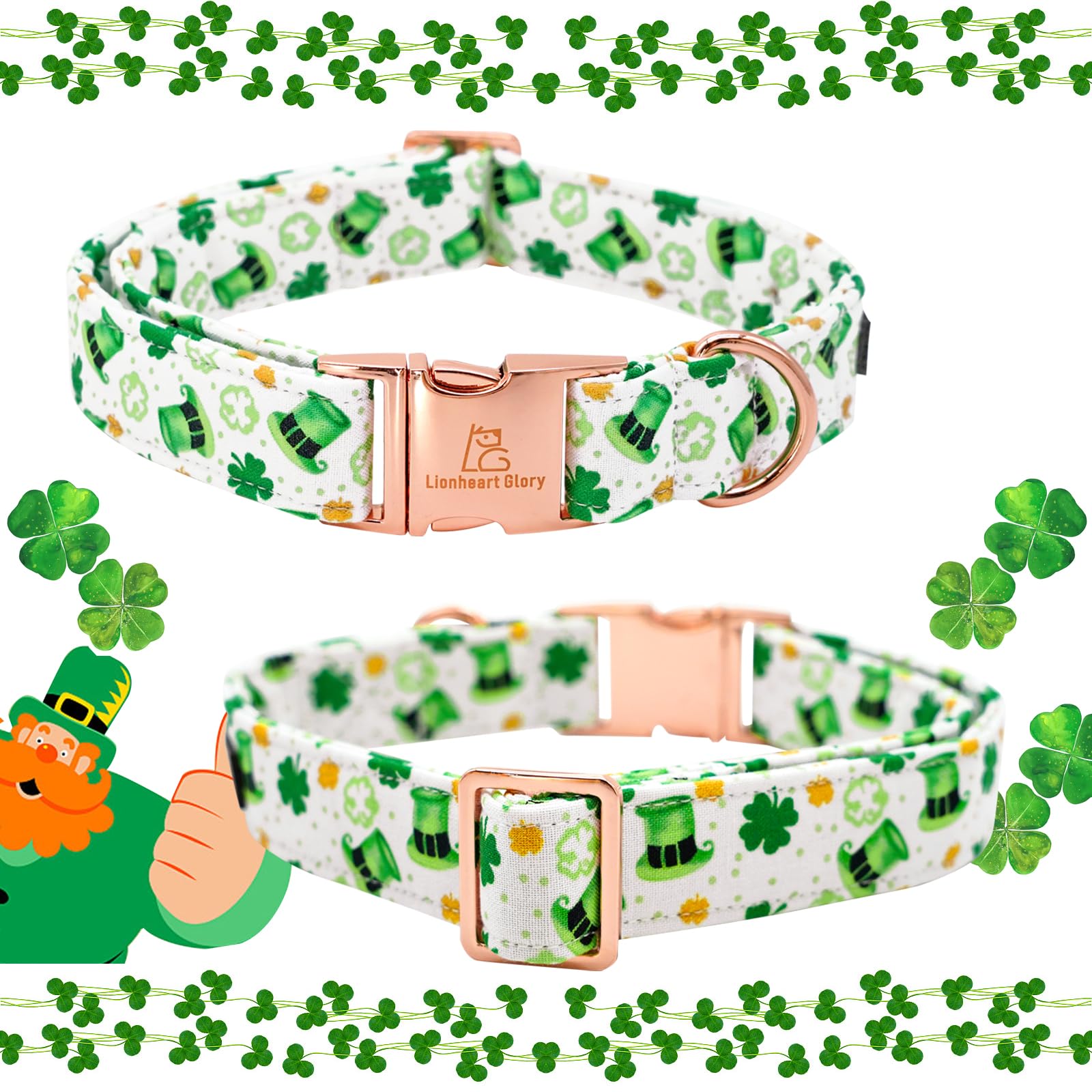 Lionheart Glory St. Patrick Dog Collar, Green, Unique Design, Handmade Bow, Multiple Sizes, Xs (5/8''W X 8-12''L), Cotton, Adjus