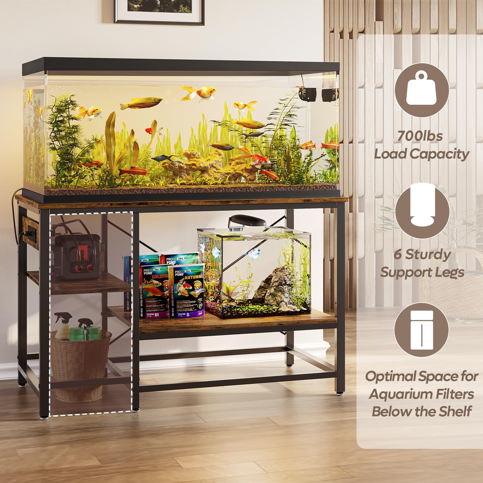 Bestier 55 Gallon Fish Tank Stand, Rustic Brown Metal Aquarium Stand, 6-Leg with Adjustable Shelves, Model P300112S, 700LBS Capacity