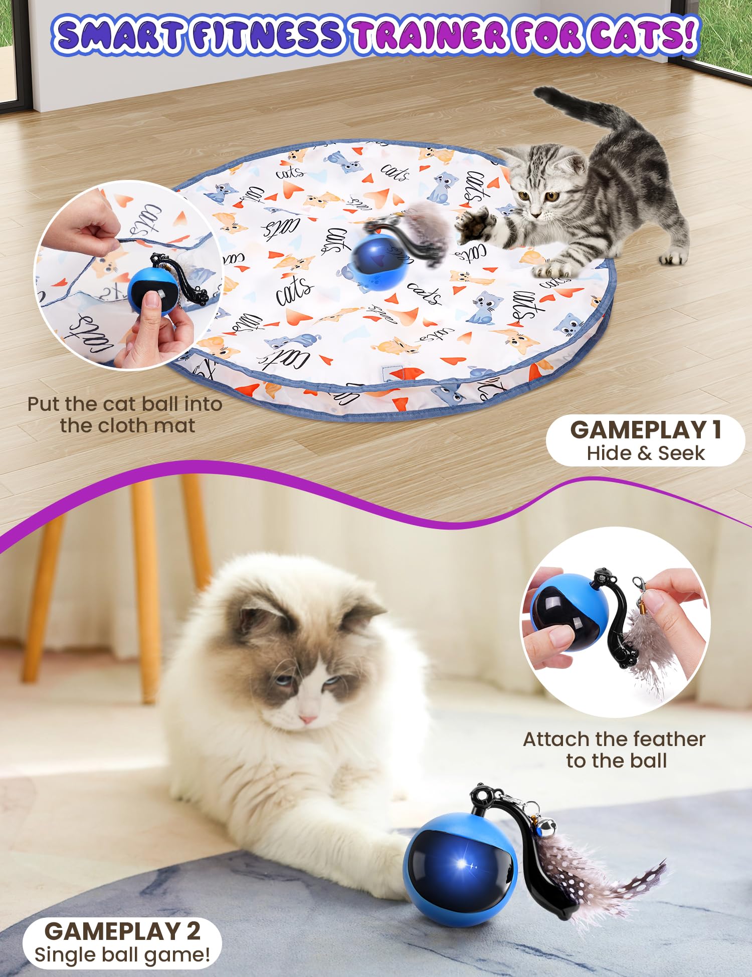 Eisfiel Interactive Cat Toys For Indoor Cats, Cat Play Mat Toy, Automatic Motion Activated Moving Ball Hide And Seek Cat Toy Gam
