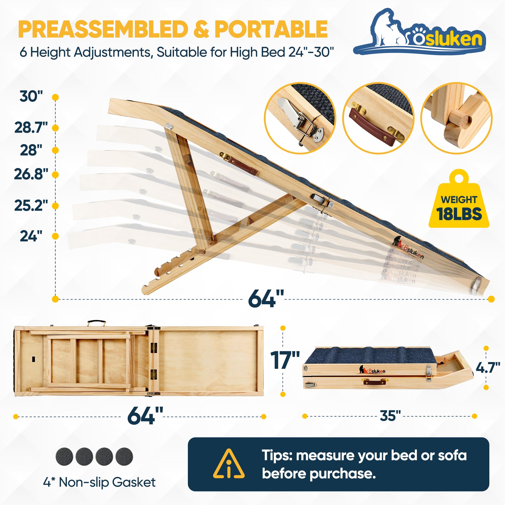???????? ???????????????? Dog Ramp for Bed, 64'' Long Foldable Pet Ramp for Small Large Dogs, Dog Ramps for High Beds Car, High