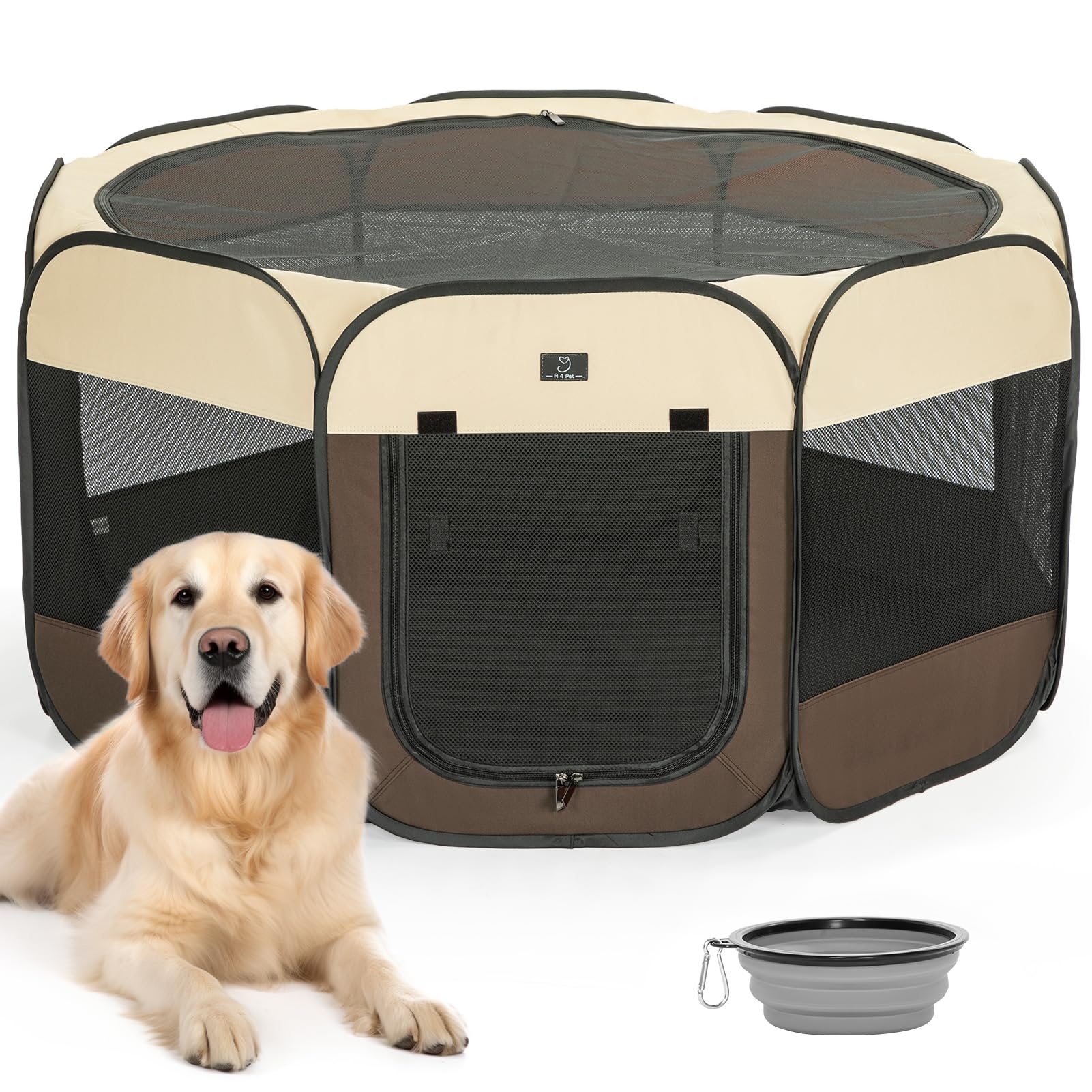 A4Pet Portable Foldable Pet Playpen, Dog Playpen Indoor/Outdoor - Ideal For Dogs, Cats, Rabbits - Removable Zipper & Collapsible Travel Bowl