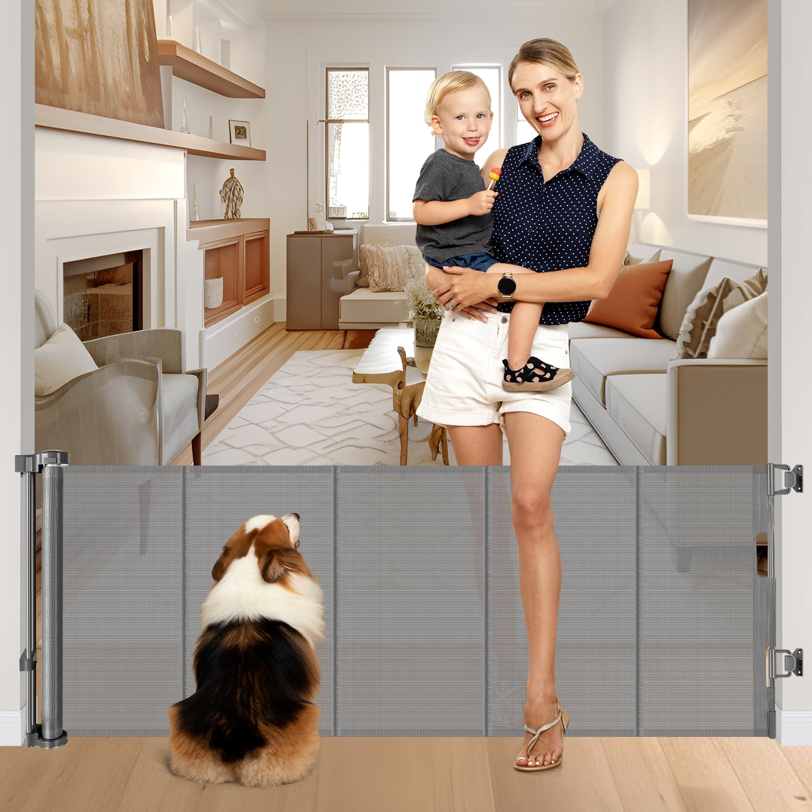 Reinforced 28-Inch Tall Retractable Baby Gates for Doorways, Walk Through Pet Gate for Stairs, Short Baby Gate with Support Rods