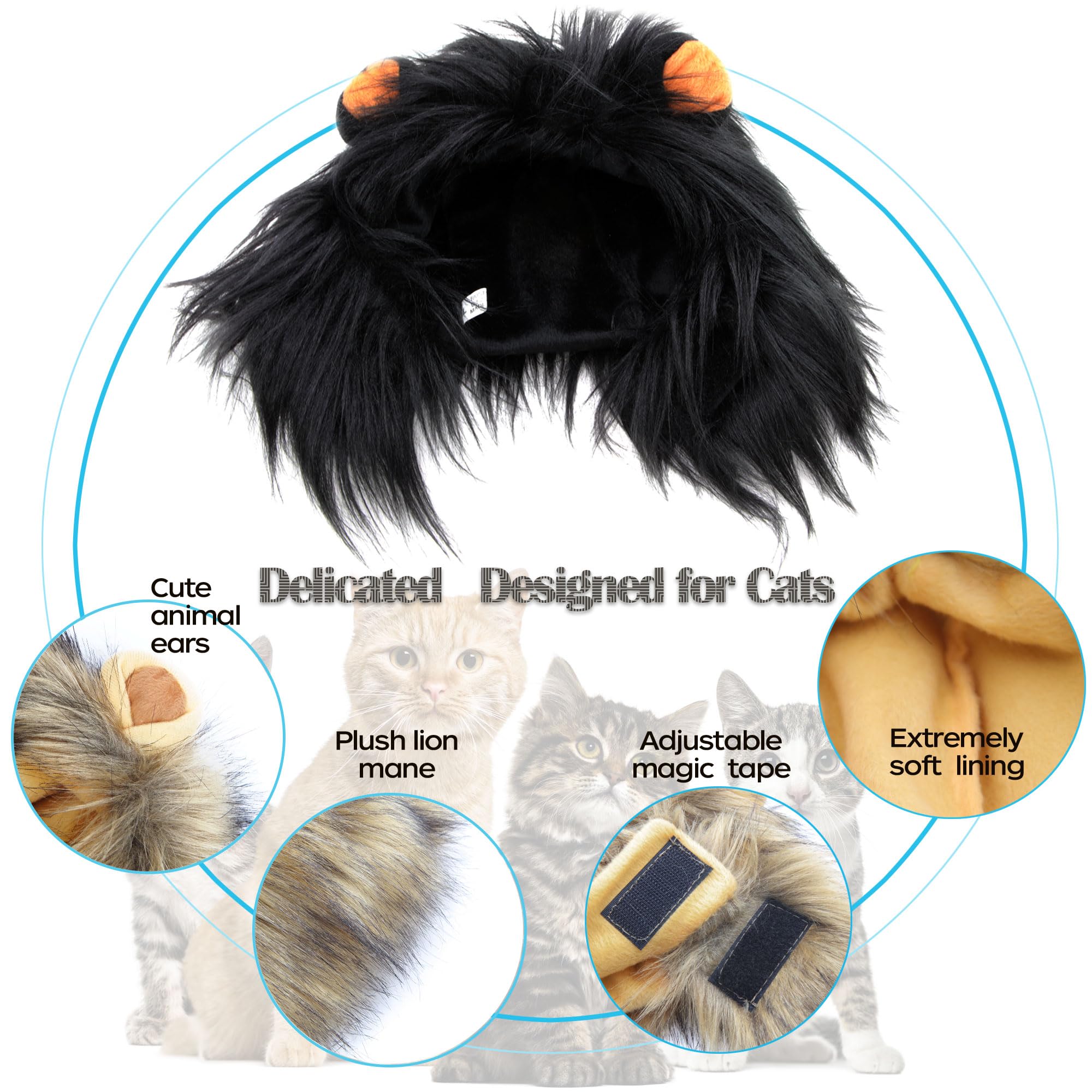 Rosylife Lion Mane Wig For Cat Costume Pet Adjustable Washable Comfortable Fancy Lion Hair Cat Clothes Dress For Halloween Christmas Easter Festival Party Activity (Medium, Black)