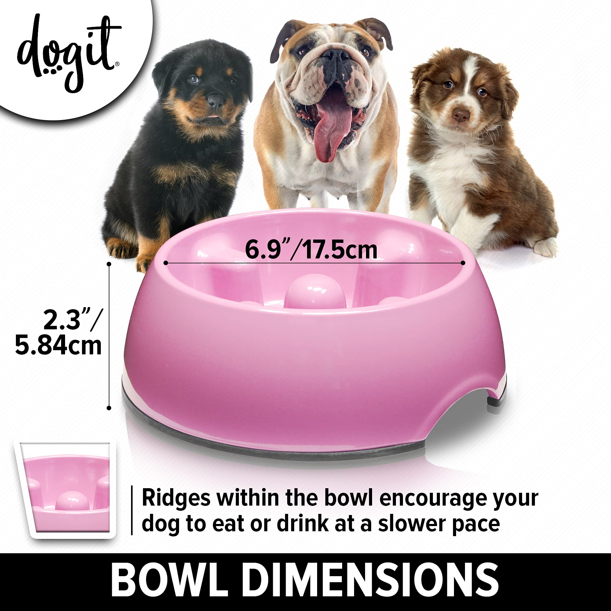 Dogit Go Slow Anti-Gulping Dog Dish, Small Pink Plastic Bowl for Wet/Dry Food, Model 73708