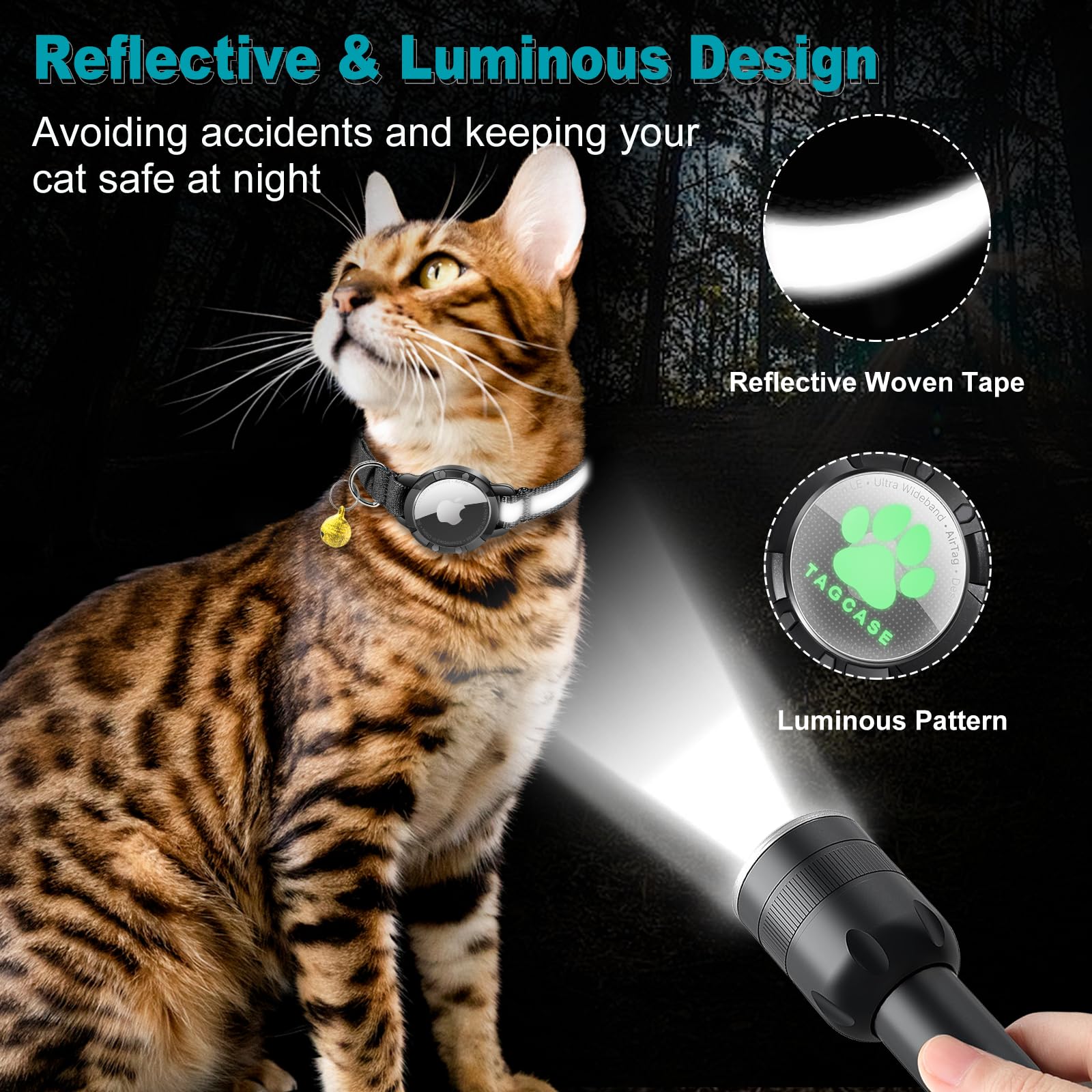 Airtag Cat Collar - Breakaway Cat Collar With Bells, Luminous & Reflective Design, Lightweight Kitten Collar For Apple Air Tag,