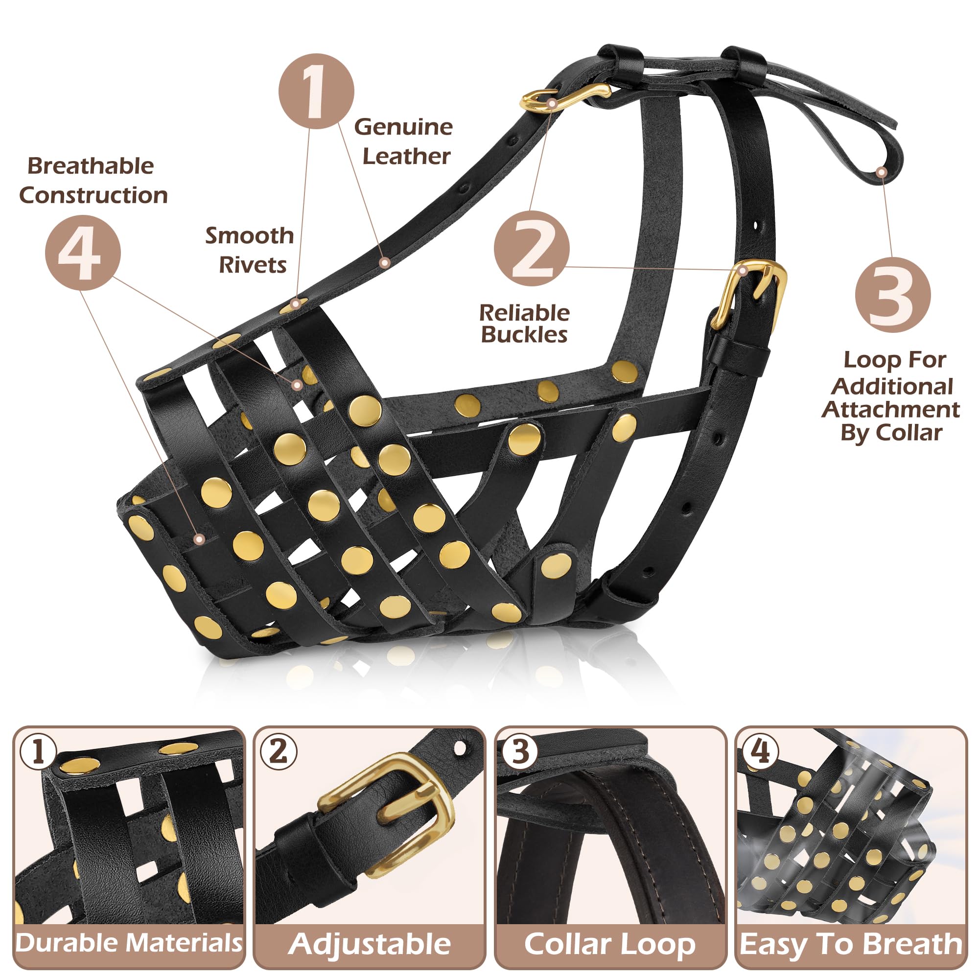 Oopsdoggy Pitbull Dog Muzzle For Large Dogs - Leather Breathable Secure Basket Muzzle For Medium Large Breeds Prevents Biting No