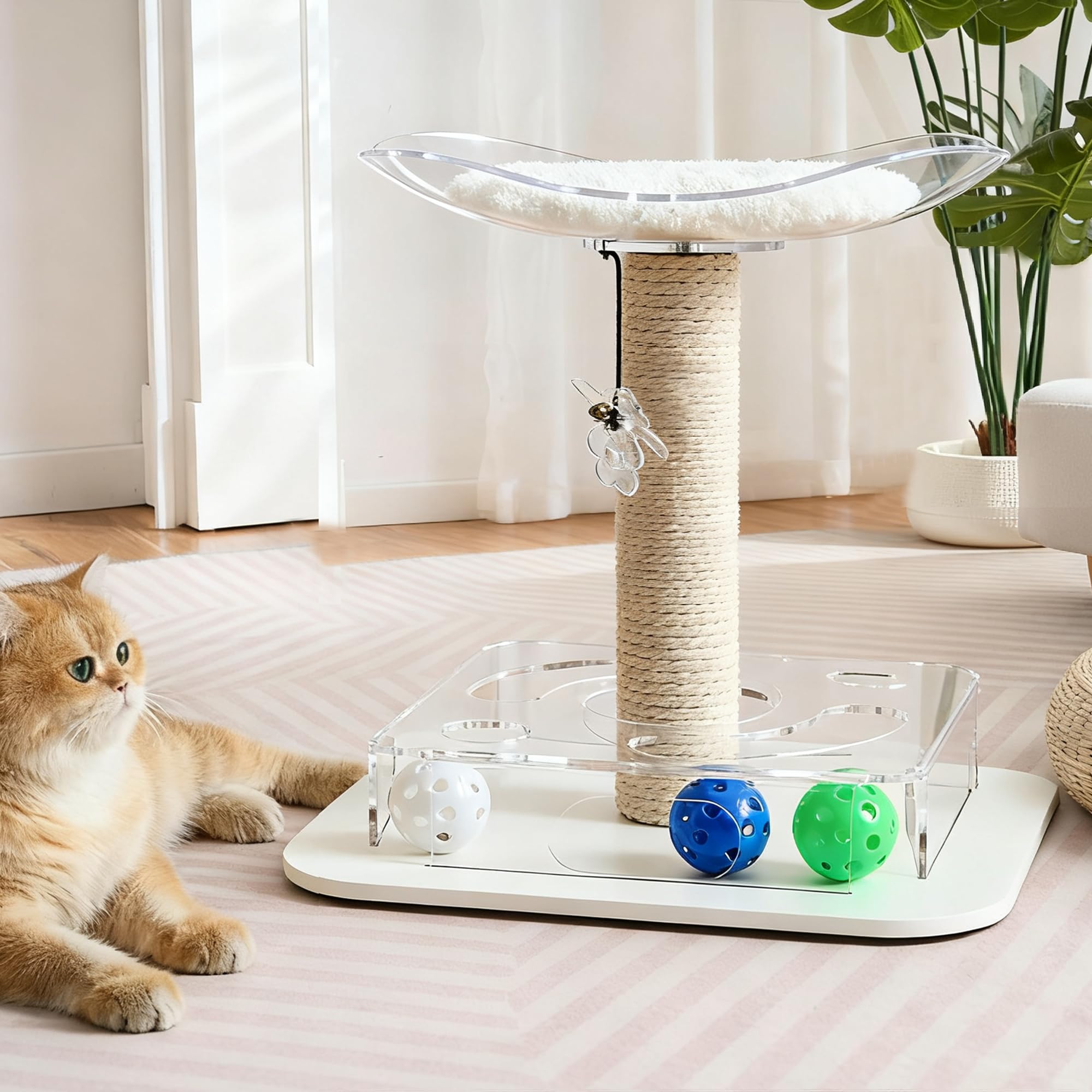 Kicari Modern 3-in-1 Interactive Cat Toy with Puzzle Box, Cat Bed/Perch & Scratching Posts, Colorful Jingle Balls, Dangling Acce