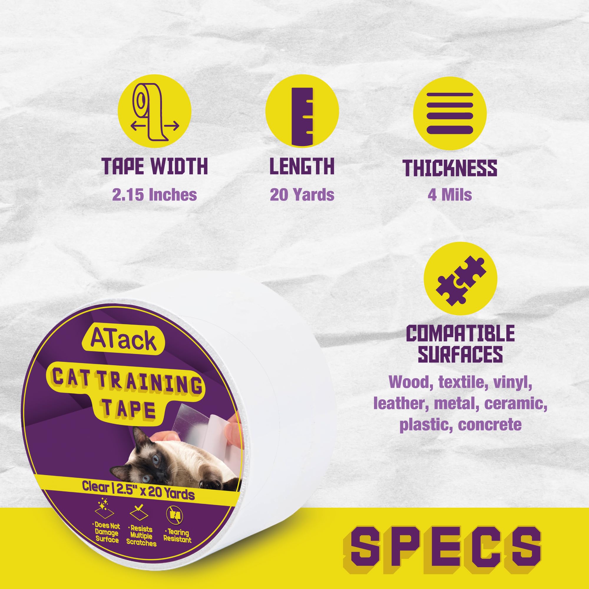 Atack Cat Anti-Scratch Training Tape, Residue-Free And Removable, Clear, 2.5-Inches X 20 Yards, Kitty Scratch Deterrent, Prevent
