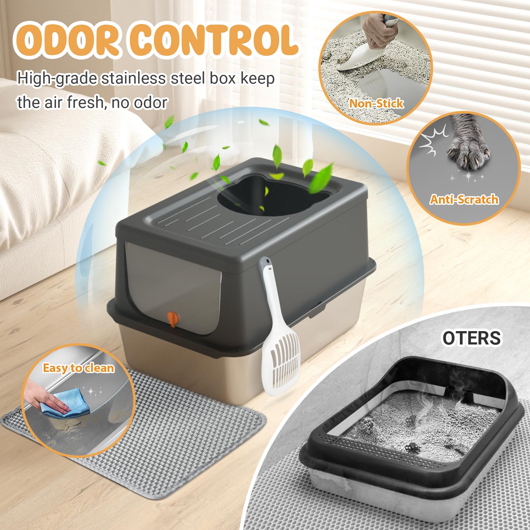 Stainless Steel Litter Box With Lid, Extra Large Cat Box With High Sides, Kitty Litter Pan Enclosure, Top Entry Cat Litter Box E