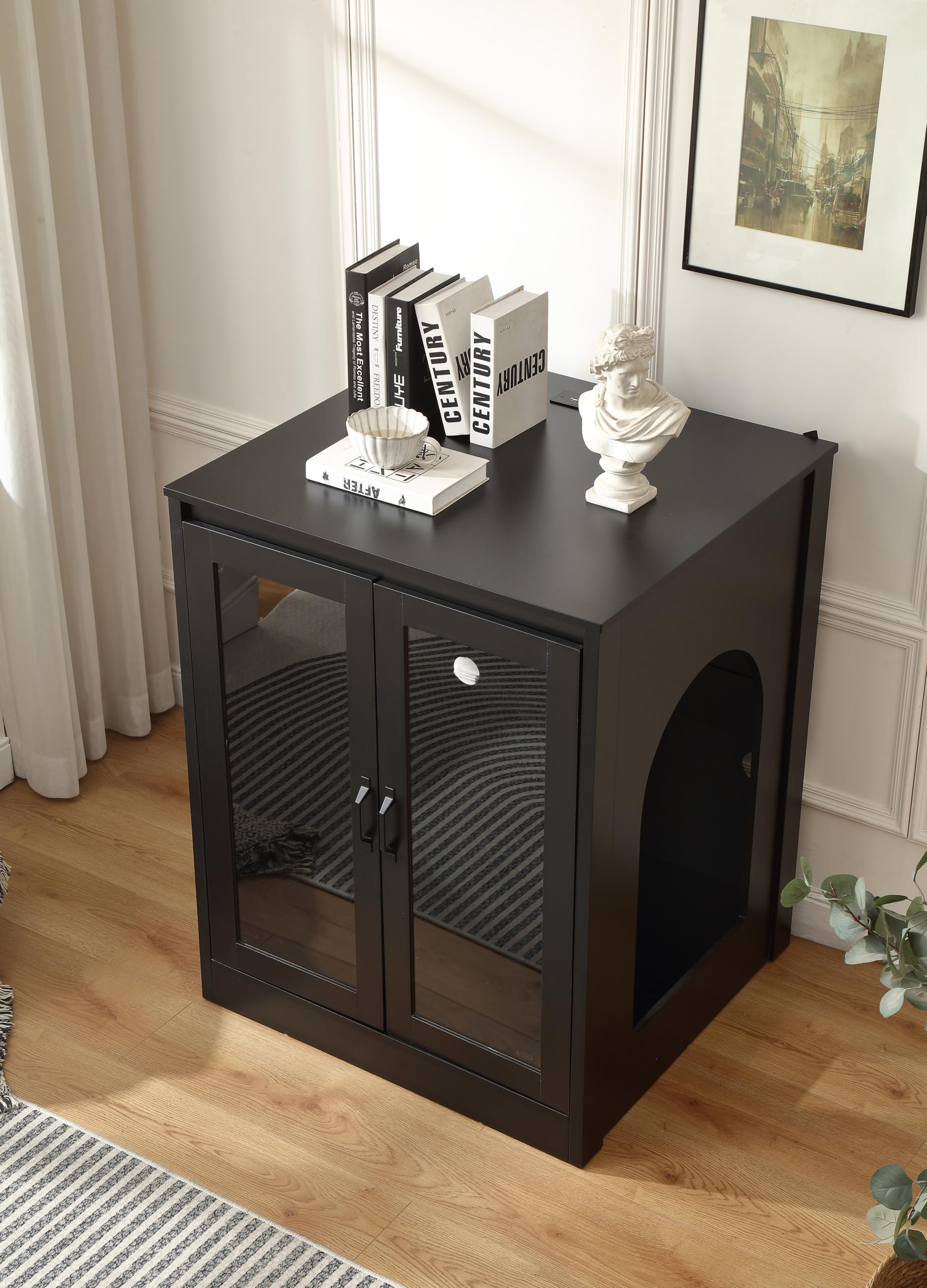 Forest Gravity Cat Litter Robot Enclosure with Glass Cat-Observant Doors,Litter Robot Cabinet with Reversible and Optional Entry