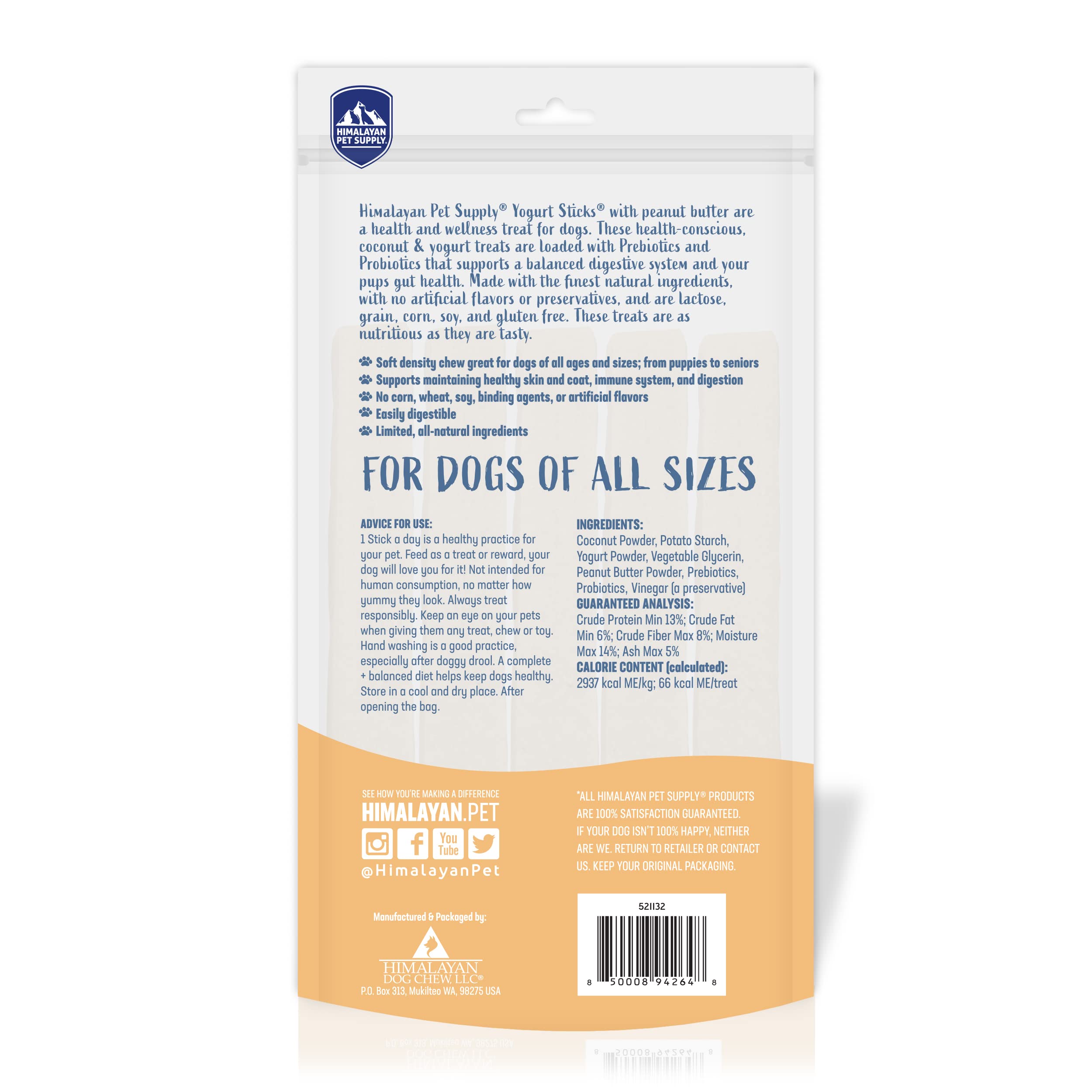 Himalayan Dog Chew Yogurt Sticks, Peanut Butter Flavor, Protein Rich, Lactose Free, Gluten Free, 6 Count Pack