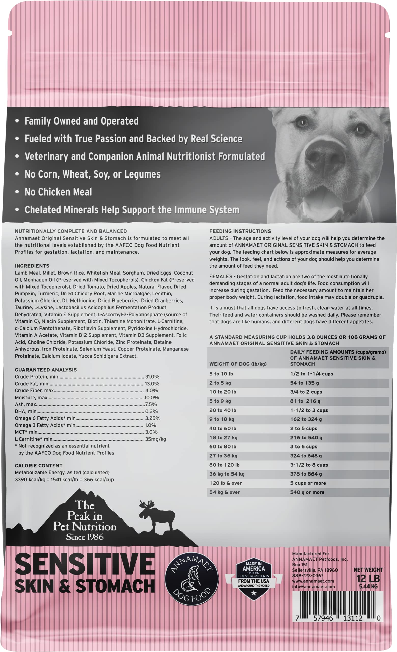 Annamaet Original Sensitive Skin & Stomach Dry Dog Food, (Lamb, Whitefish & Millet), 12-lb Bag