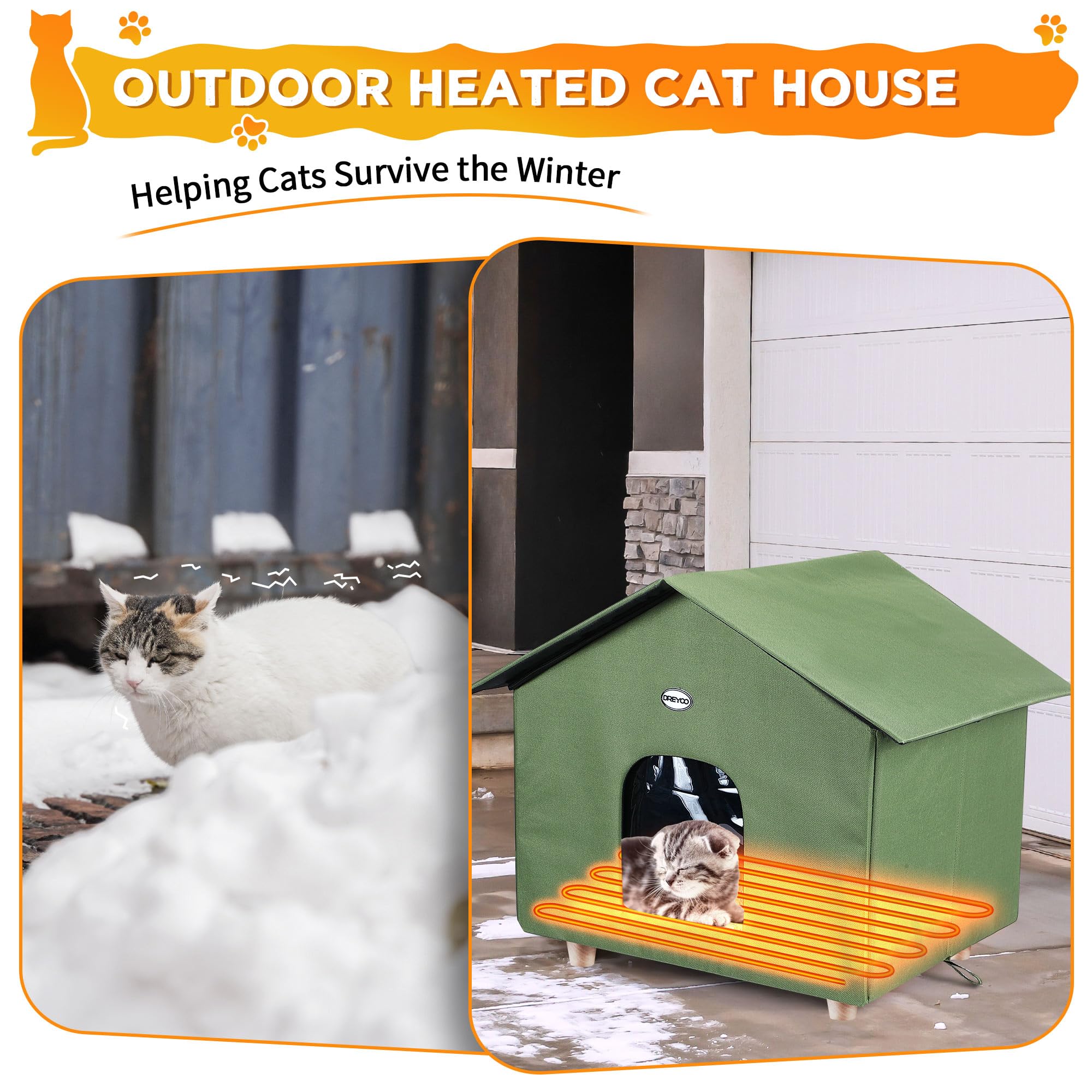 Dreyoo 1 Pack Heated Cat House Plus Size 18 X 20 X 16 Inches, Weatherproof Outdoor Cat Shelter With Heating Pad Mat, Warm Cat Ho
