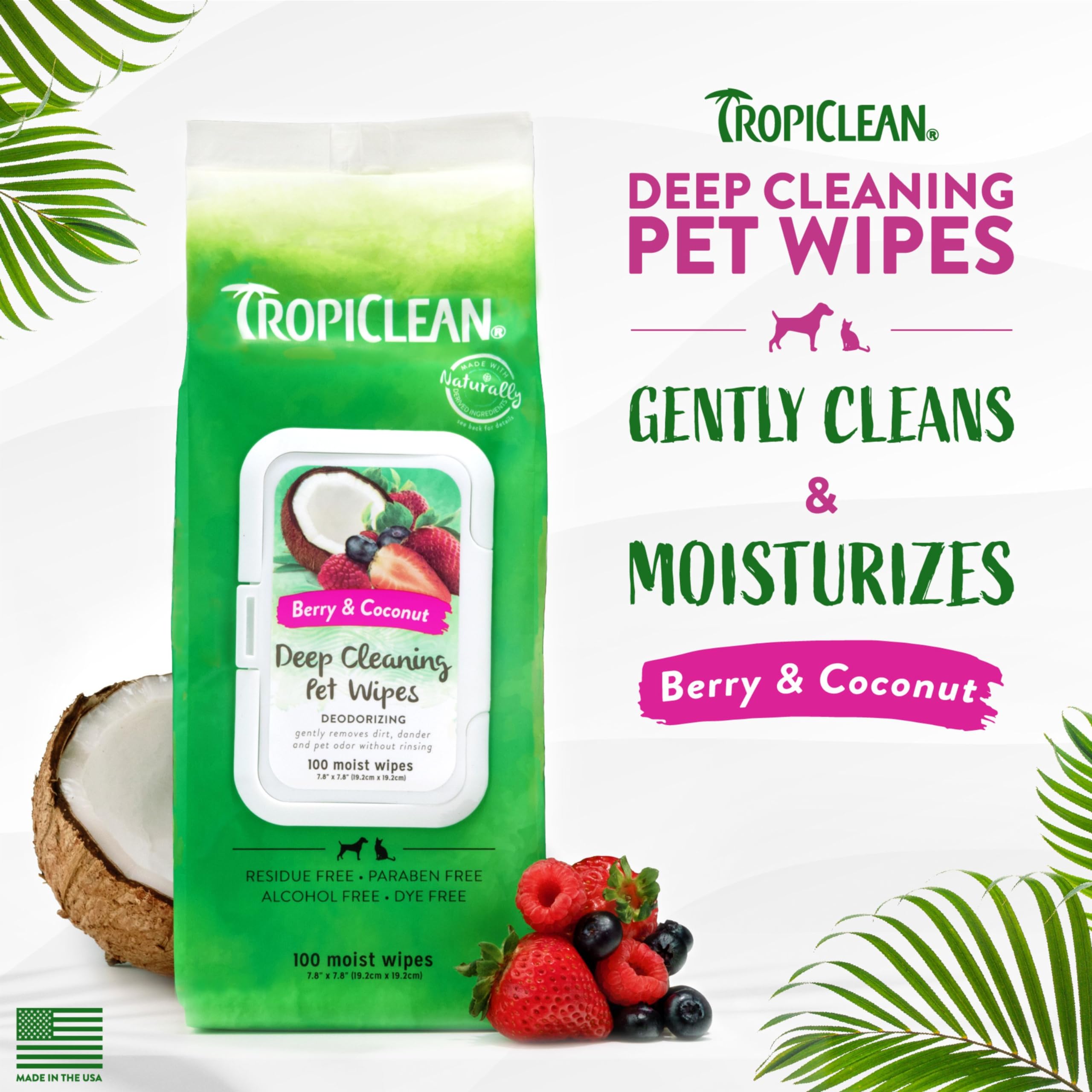 Tropiclean Berry & Coconut Dog Wipes For Paws And Butt | Deep Cleaning Dog Grooming Wipes | Safe For The Face | Cat Friendly | 100 Count