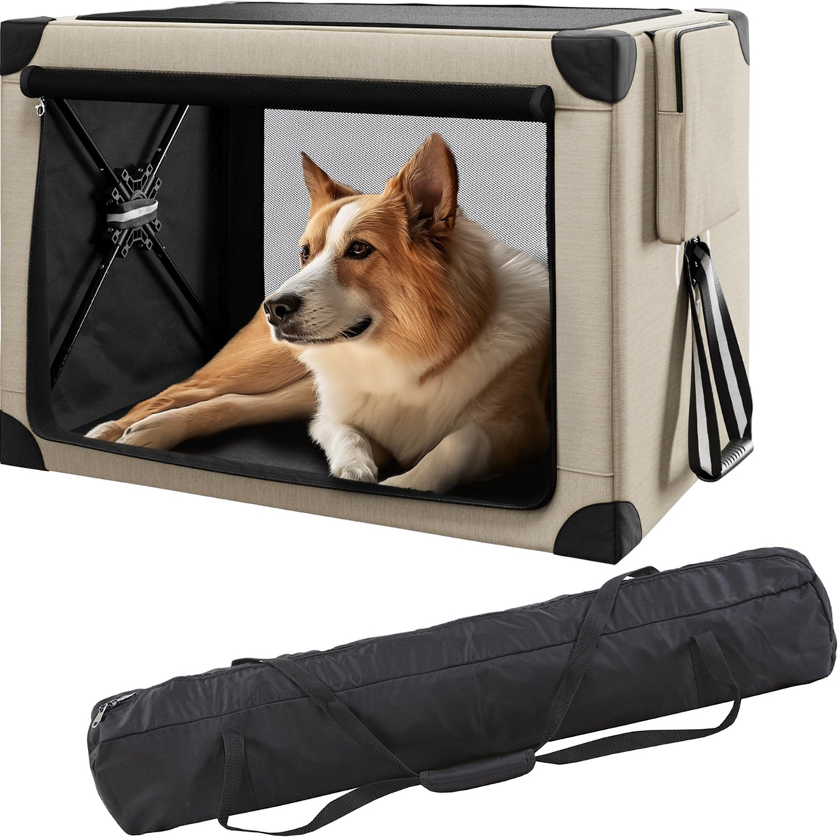 Cozzze Collapsible Dog Crate - 32 Inch Portable Foldable Travel Crates For Medium Dogs With Detachable Storage Bag, Removable Pa