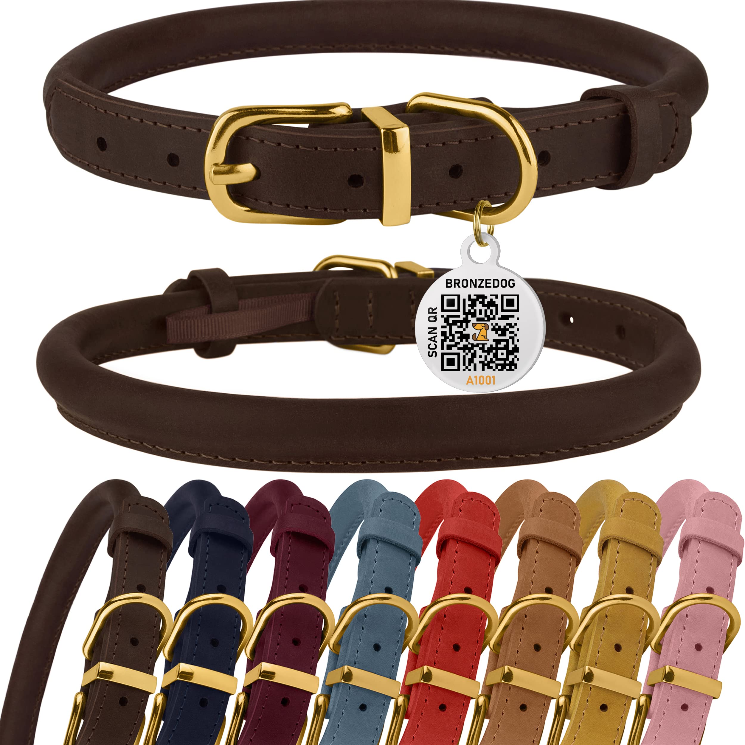 Bronzedog Rolled Leather Dog Collar With Qr Id Tag Adjustable Soft Round Collars For Small Medium Large Dogs Puppy Cat (9' - 11' Neck Size, Brown)