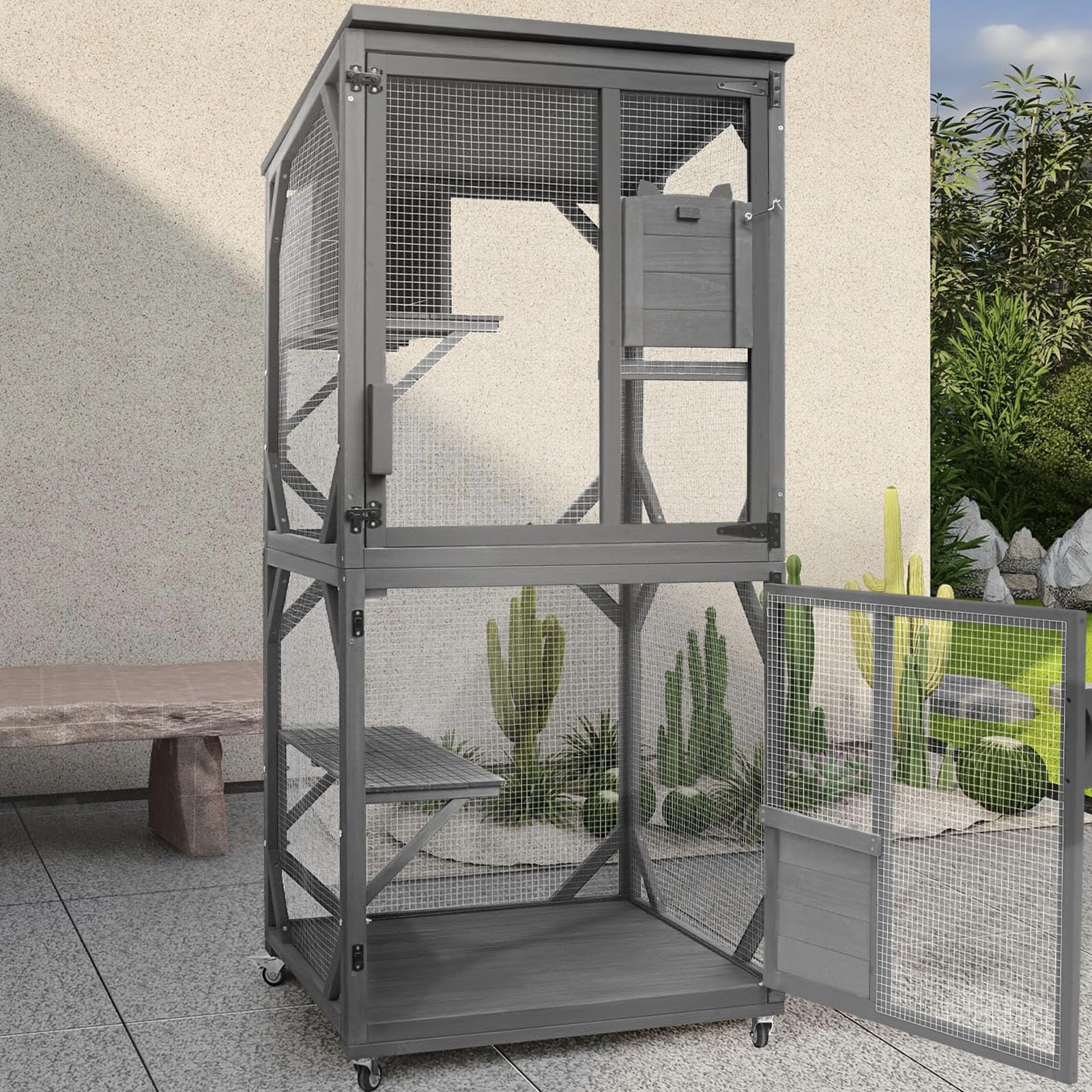 Geguri Cat Catio Outdoor, Large Wooden Cat Enclosures On Wheels, Indoor Kitty Patio With Upgraded Resting Box, Waterproof Roof