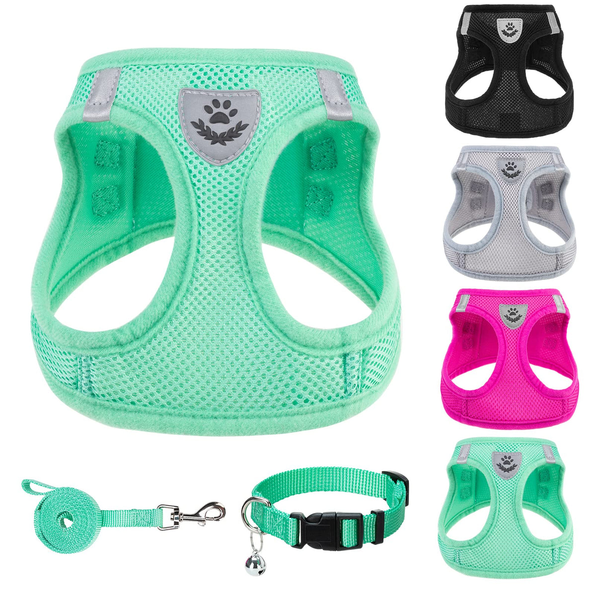 Pupteck Adjustable Dog Harness Collar And Leash Set Step In No Pull Pet Harness For Small Medium Dogs Puppy And Cats Outdoor Walking Running, Soft Mesh Padded Reflective Vest Harnesses, Solid Green S