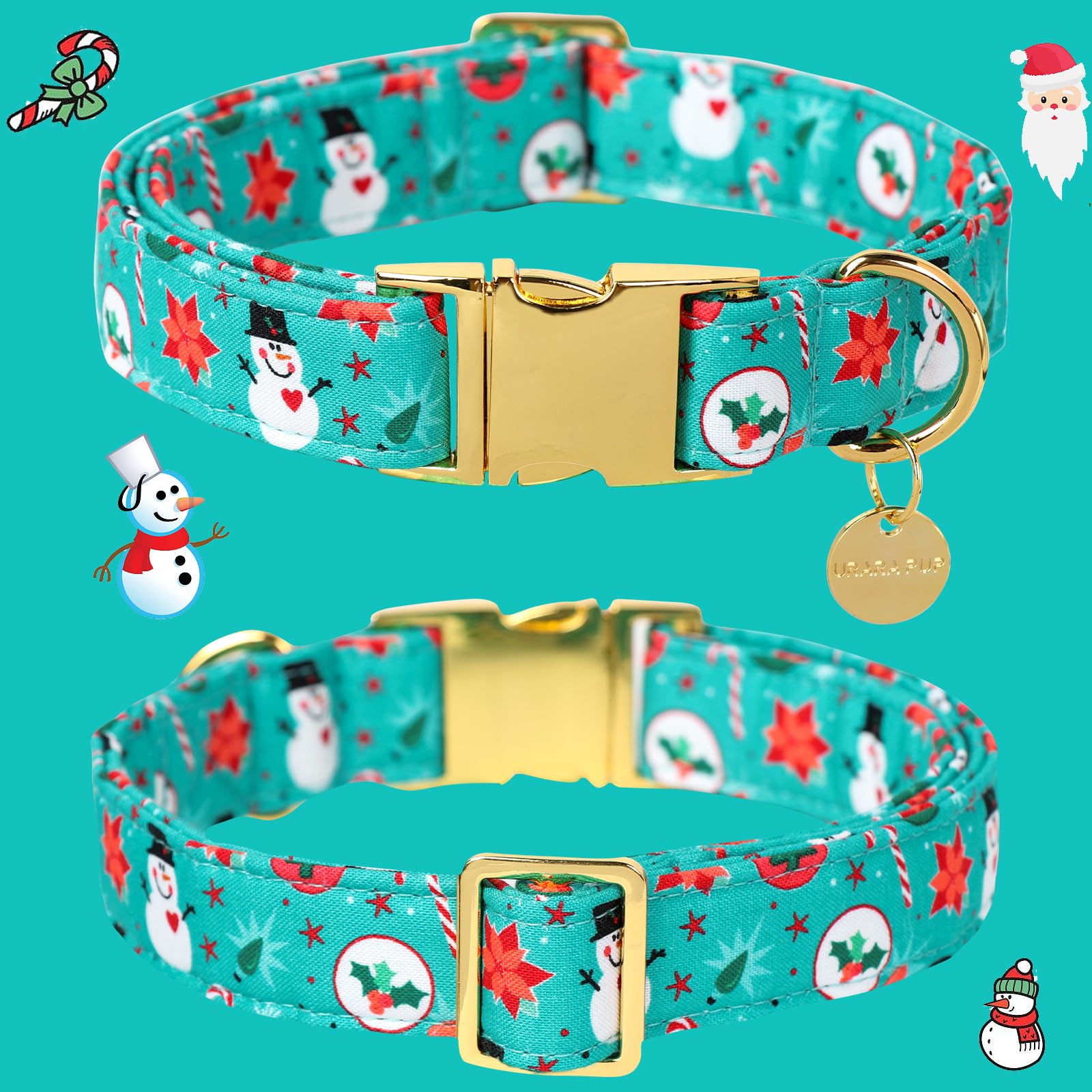 Up Urara Pup Cotton Christmas Collar For Puppy, Girl Dog Or Cat, Green Flower With Durable Metal Buckle, Snowman Gift, S, Neck 1