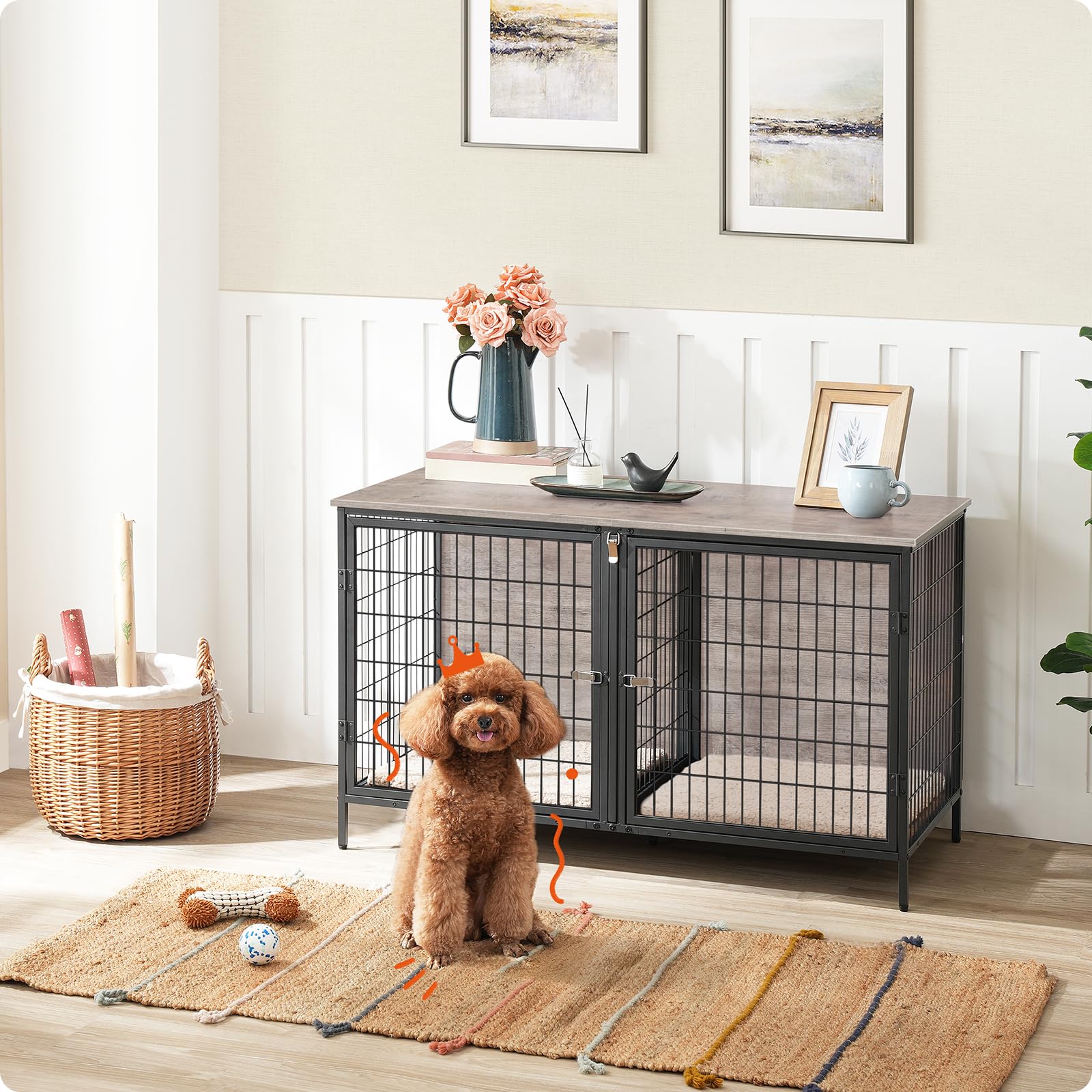 MAHANCRIS Dog Crate Furniture for 2 Dogs, 43.3 Dog Kennel with Removable Divider, Heavy Duty Wooden Dog Kennel for Small Medium
