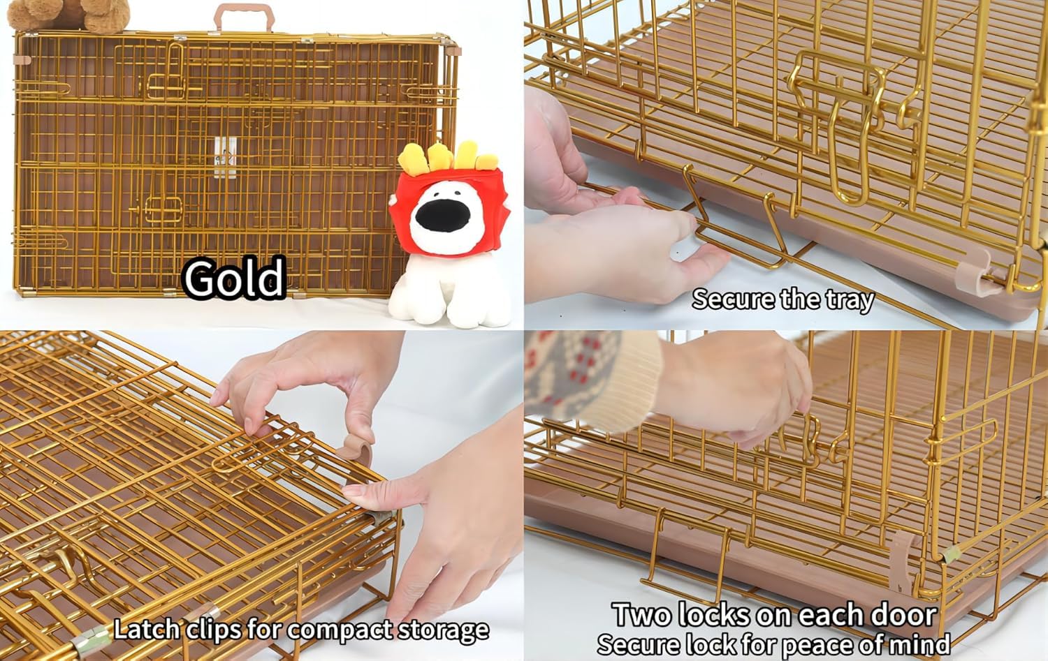 Homey Pet Gold Color Folding Design Dog Crate Puppy Kennel With Removable Floor Grid And Pull Out Tray