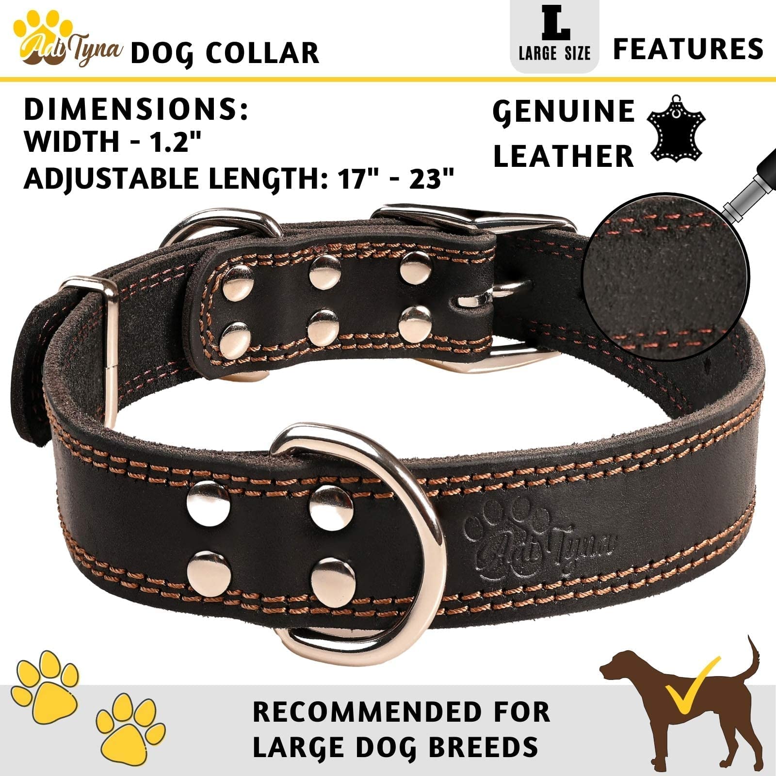 Adityna Heavy Duty Leather Dog Collar For Large Dogs - Black Large Dog Collar - Soft And Strong, 100% Genuine Leather (Large, Black)