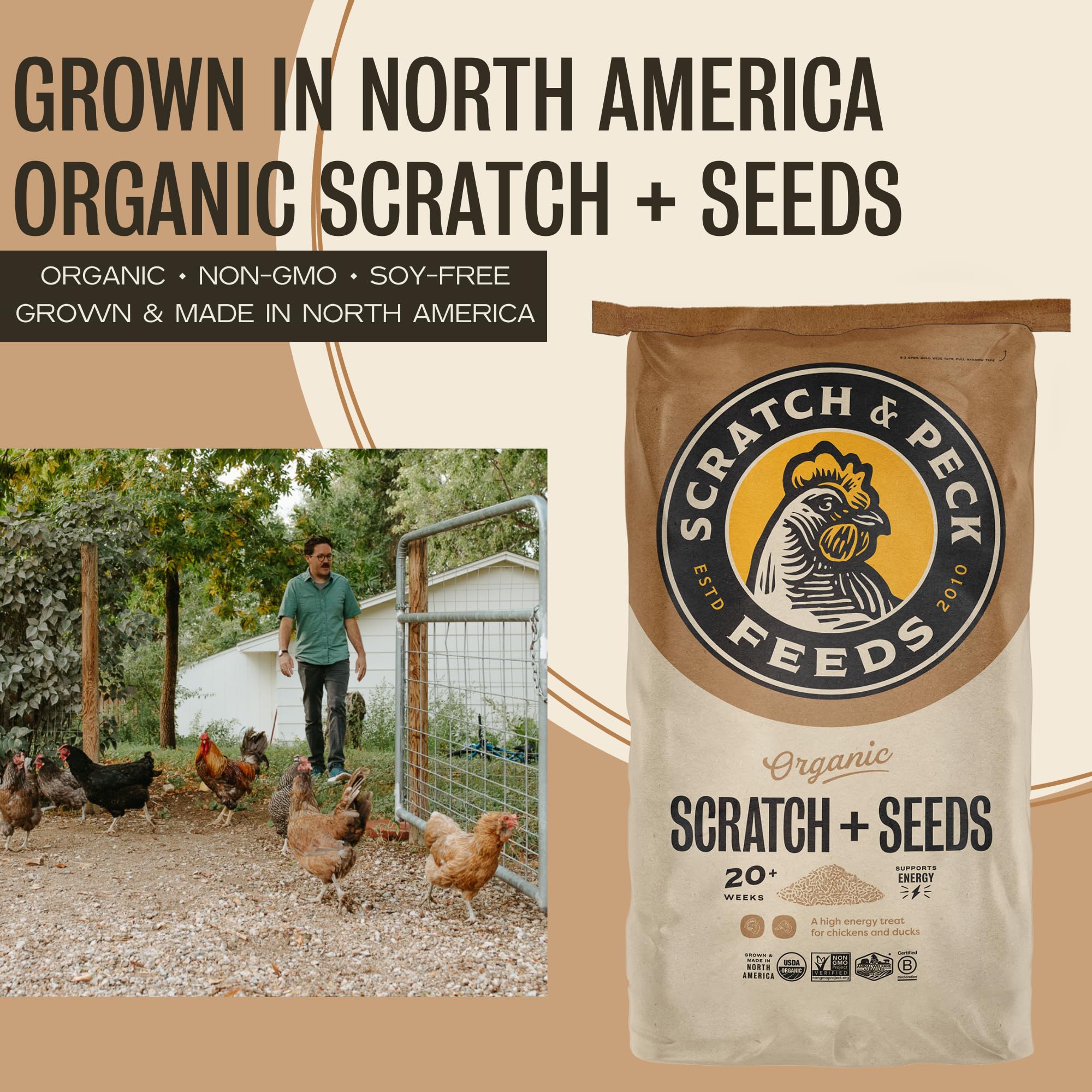 Scratch and Peck Scratch + Seeds Chicken and Duck Treat - 10 lbs Bag - 11% Protein, Certified Organic and Non-GMO Project Verifi