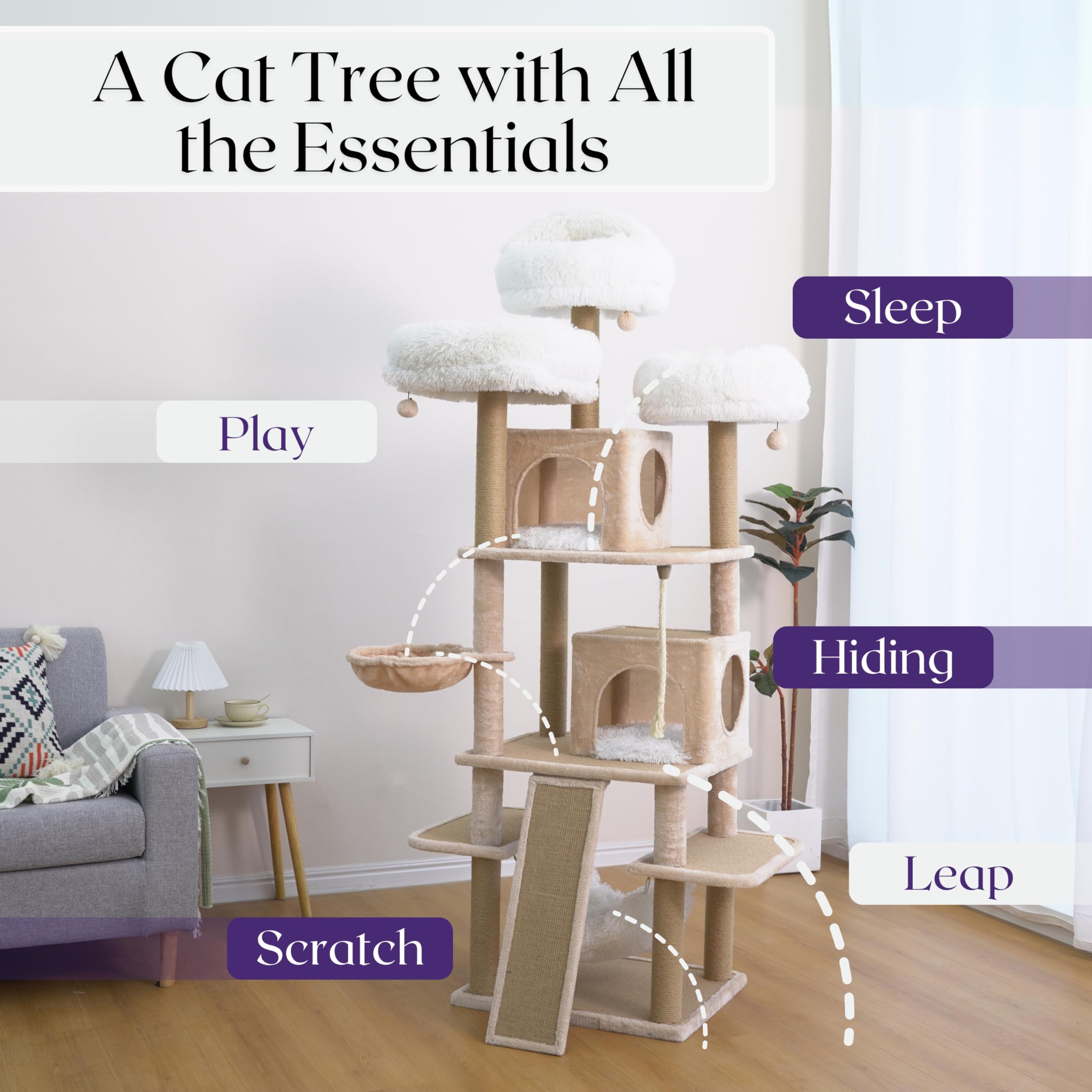 Catry 74.5'' High 7-Level Extra Large Cat Tree With 2 Condos,2 Hammock,3 Removeable Top Beds, Scratching Ramp Pad, Recycled Pape