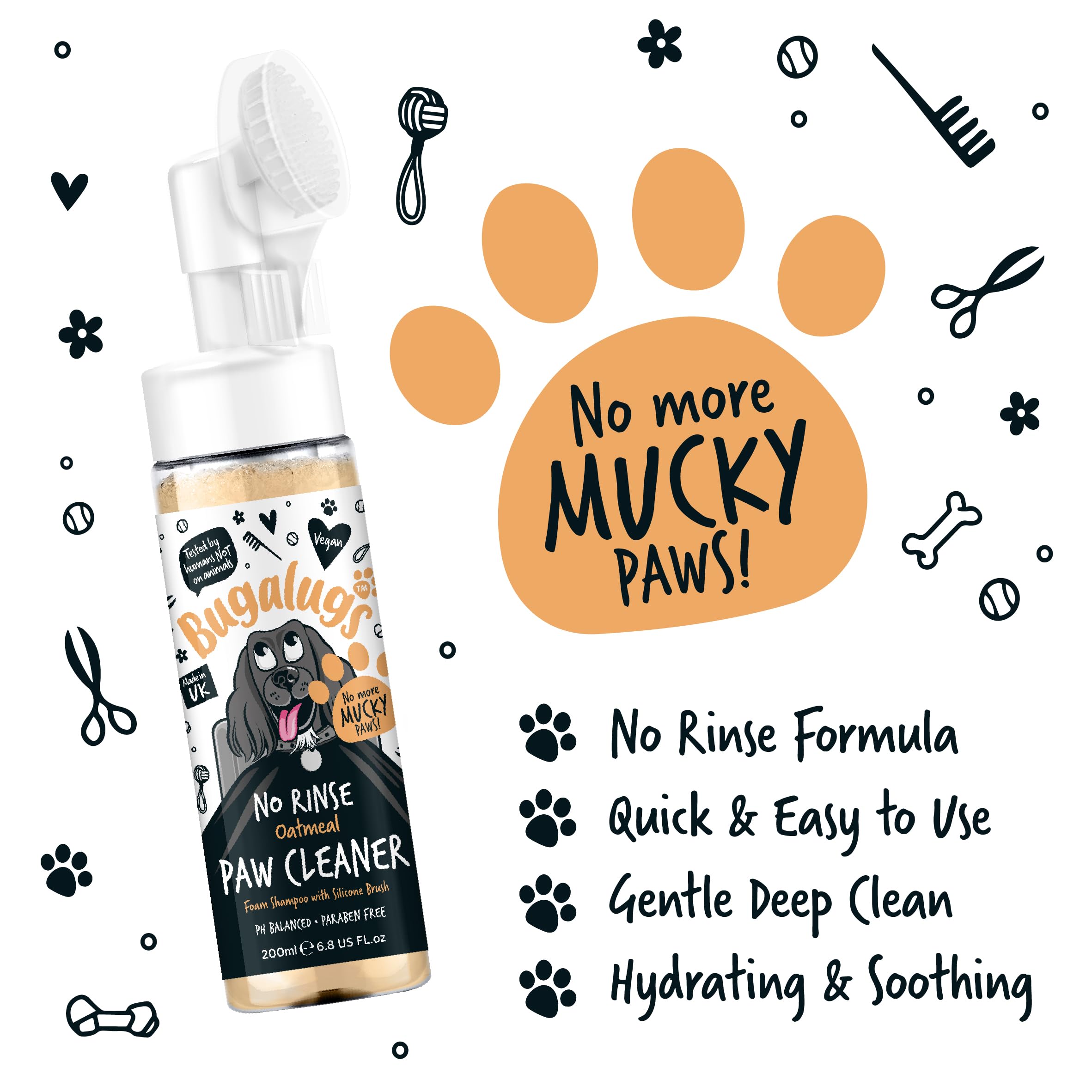 Bugalugs Dog Paw Cleaner No Rinse Foam Cat & Dog Shampoo With Silicone Brush Head, Waterless Grooming Products. Travel Friendly
