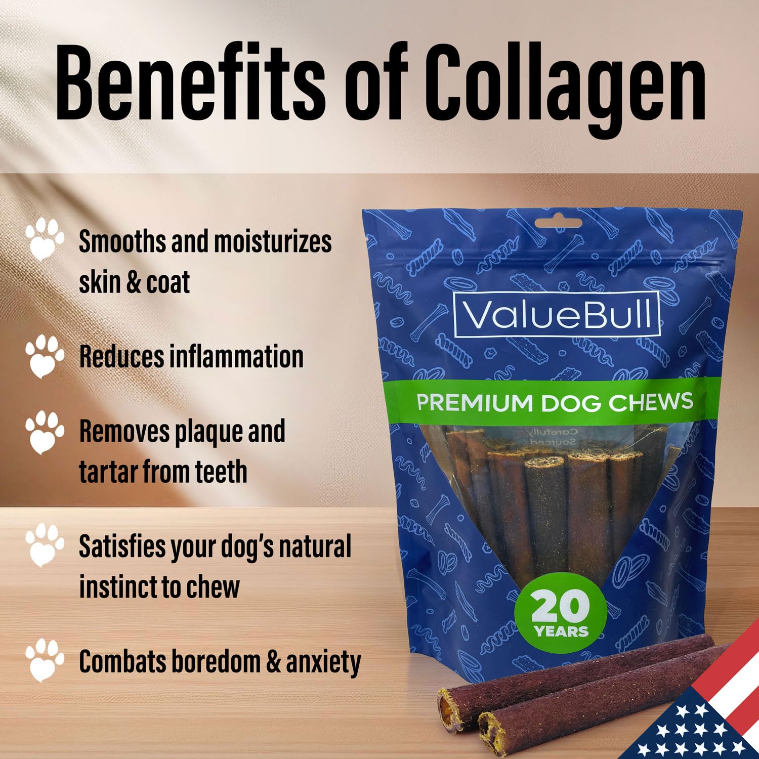 ValueBull USA Collagen Sticks for Dogs, 6 Inch Jumbo Chews, Natural Long-Lasting Dog Treats, 200 Count Bulk Pack - Promotes Join