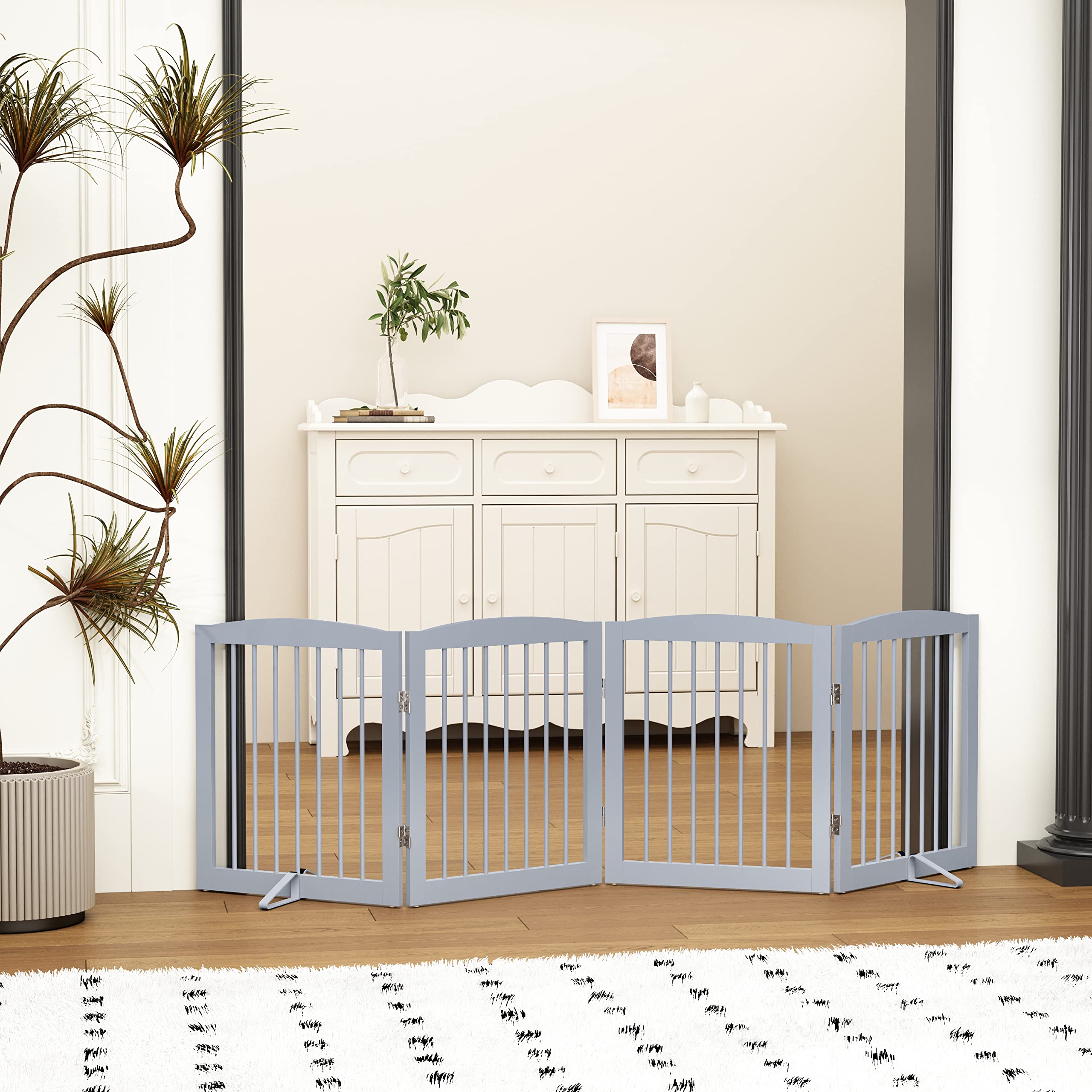 PUPETPO Freestanding Pet Gate - Foldable Wooden Dog Gate for House, Indoor, 80 Inch Wide, 4 Panels 24, Grey