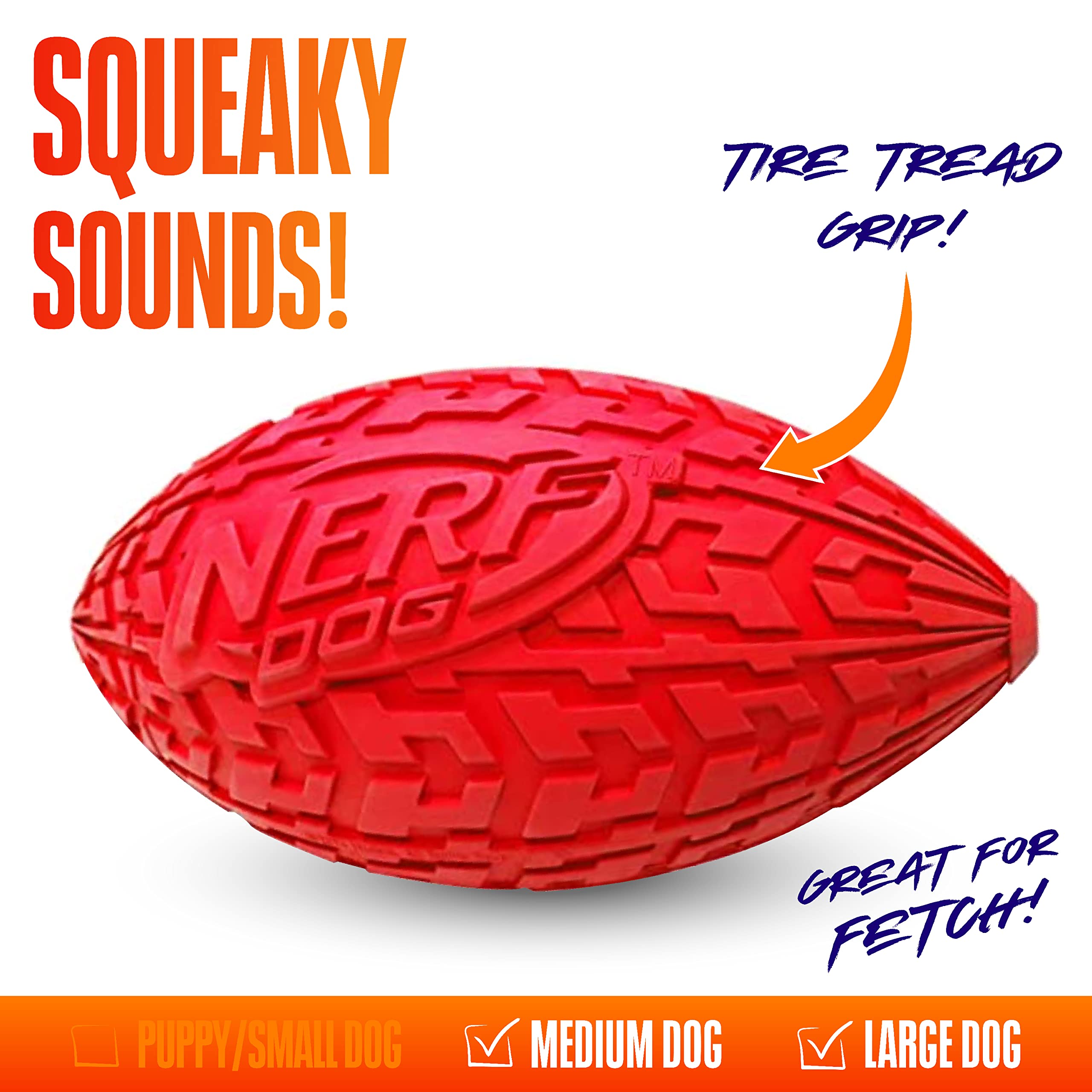 Nerf Dog Tire Football Dog Toy with Interactive Squeaker, Lightweight, Durable and Water Resistant, 6 Inch Diameter for Medium/L