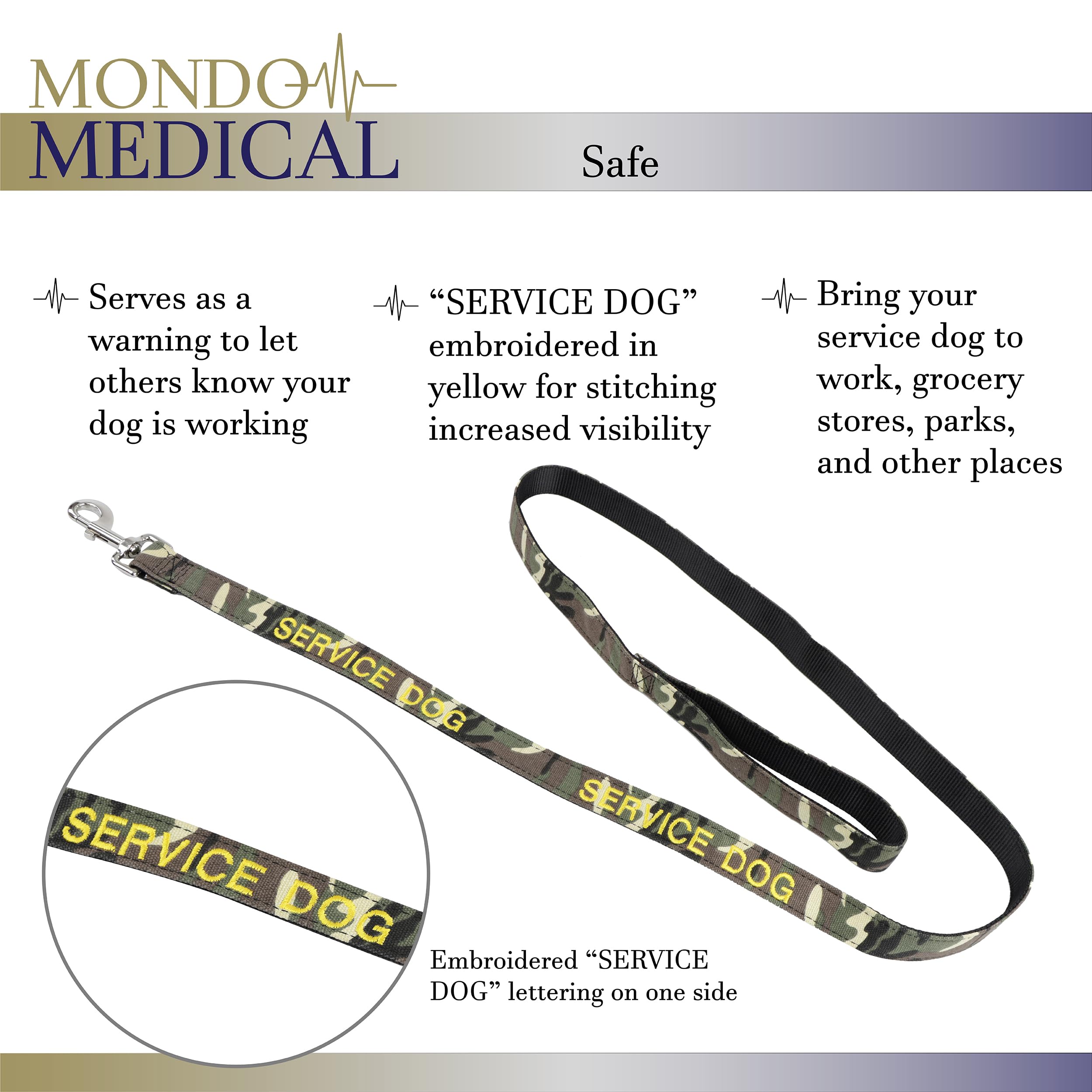 Mondo Medical Service Dog Leash - 5Ft Camo Canvas Service Dog Lead For Emotional Support Animals