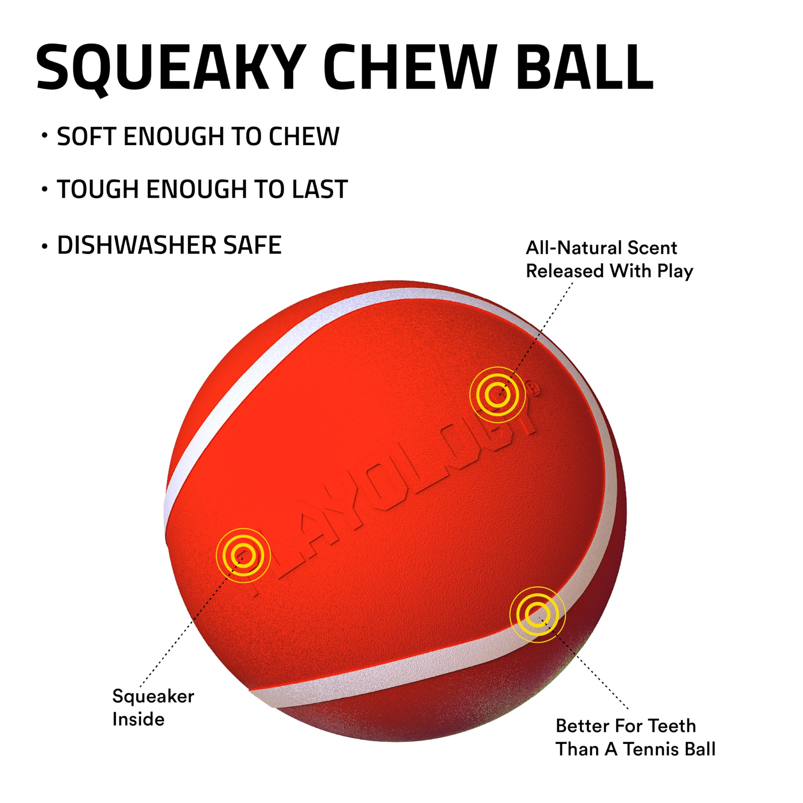Playology Squeaky Chew Ball for Small Dogs, All-Natural Beef Scent, Red, Small (VALUE 3-Pack), Model 33414