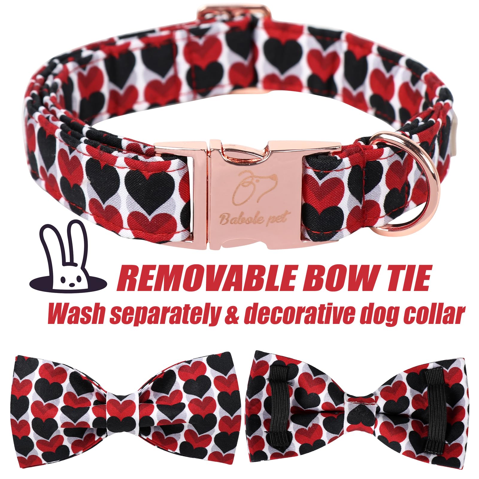 Babole Pet Valentine Dog Collar for Small Dog with Bow Tie, Red&Black Love Heart Valentine Dog Collars with Safety Metal Buckle